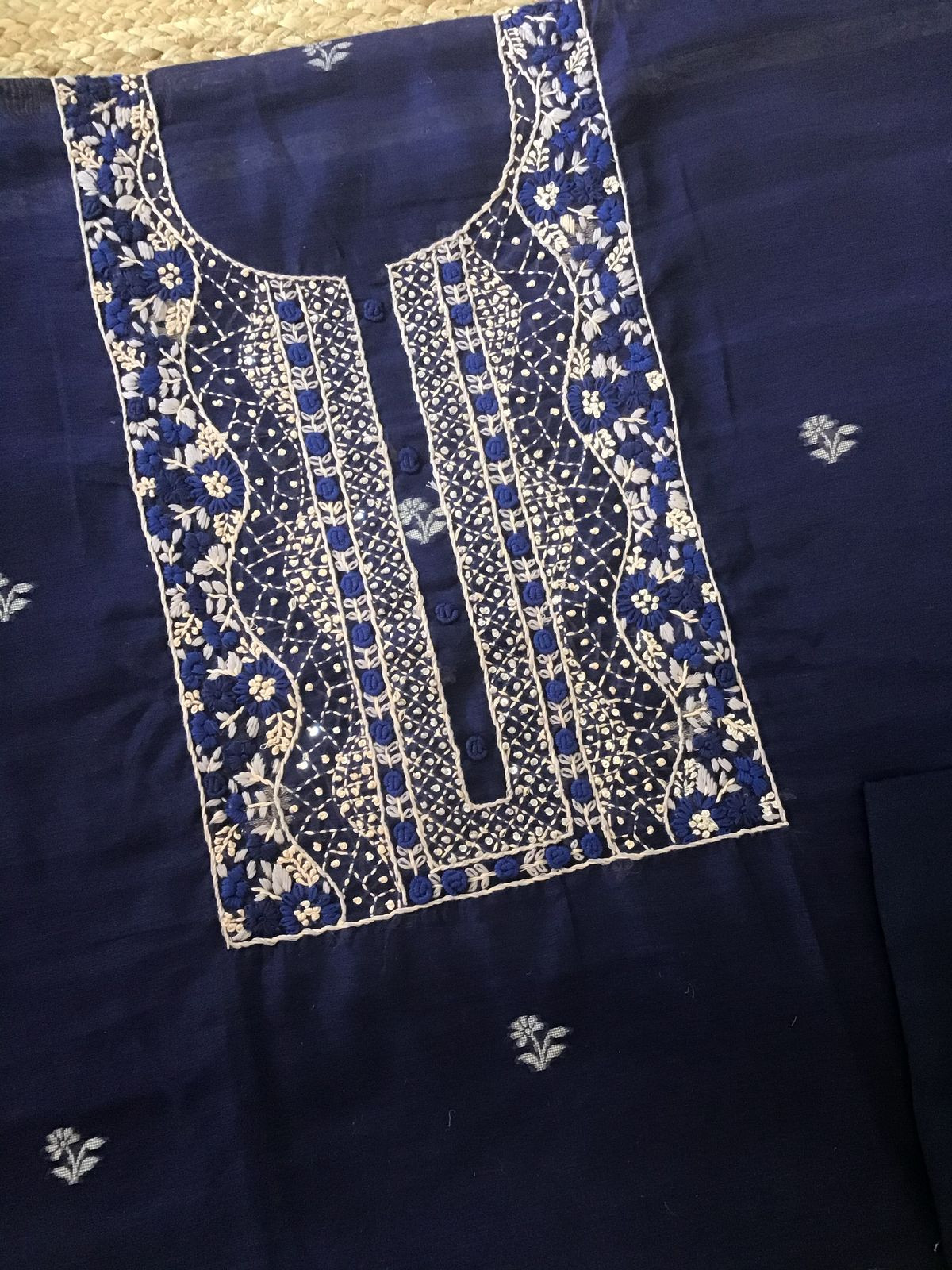 Soft Fine Slub Chanderi Jamdani Weaved Embroidered Suit - Blue
