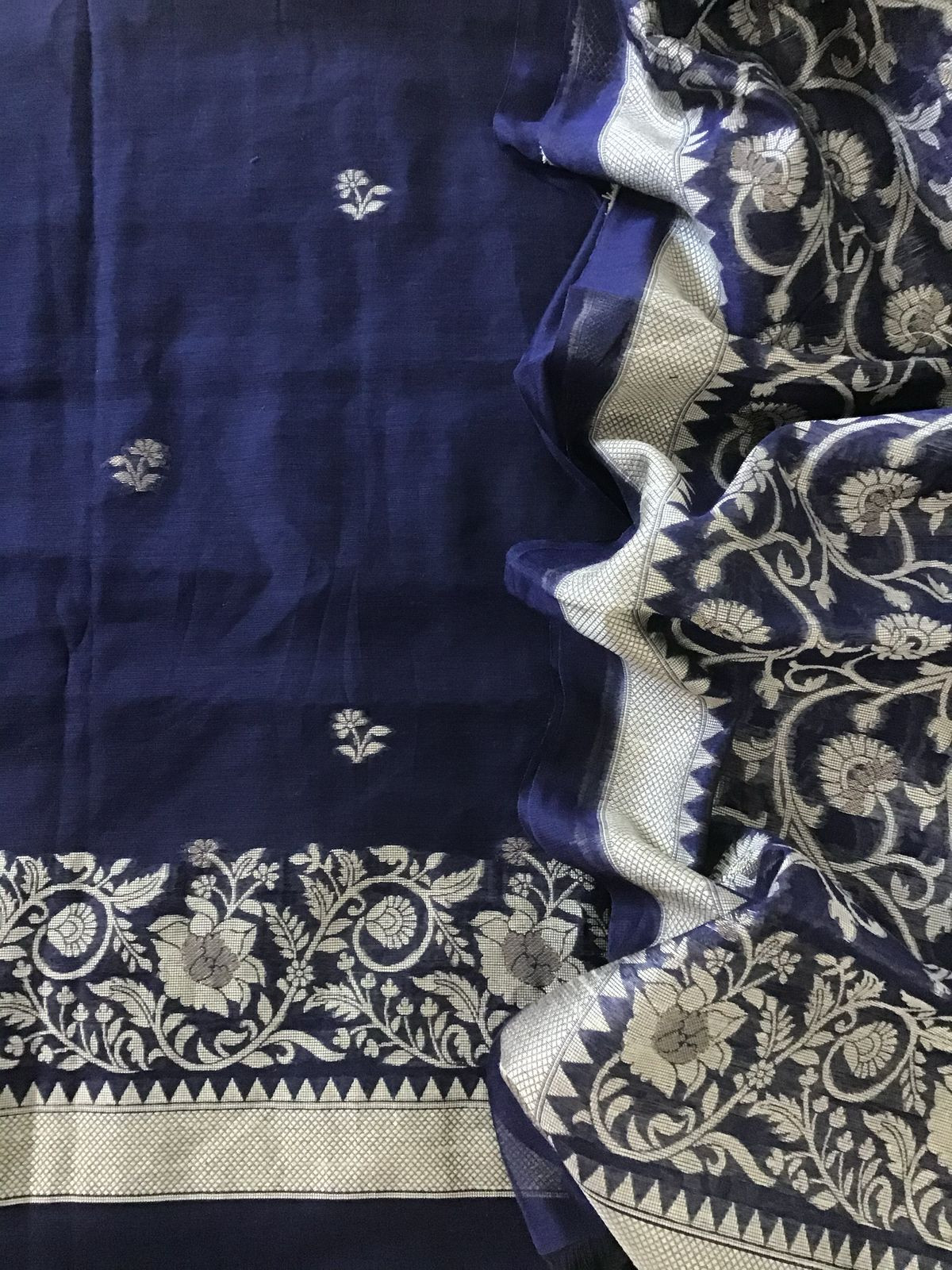 Soft Fine Slub Chanderi Jamdani Weaved Embroidered Suit - Blue