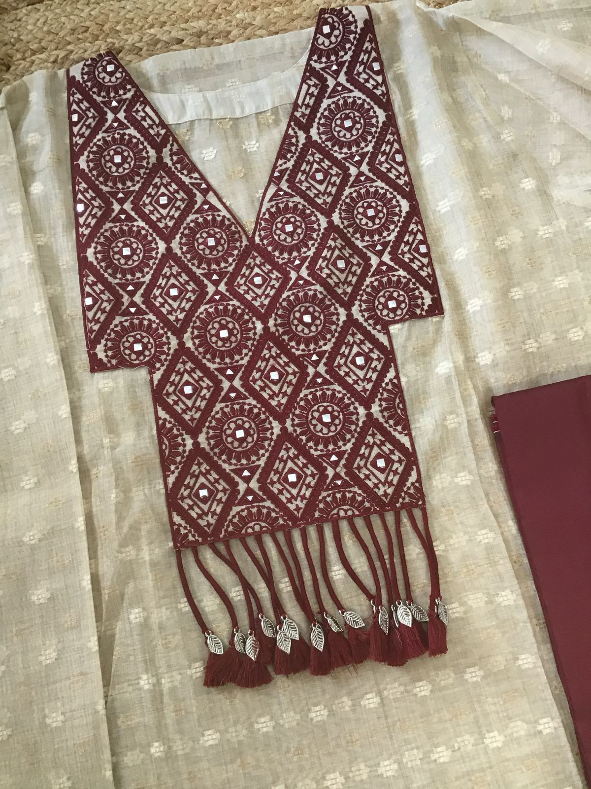 Pure Chanderi Self Weaved Embroidered Semi Stitched Suit - Beige