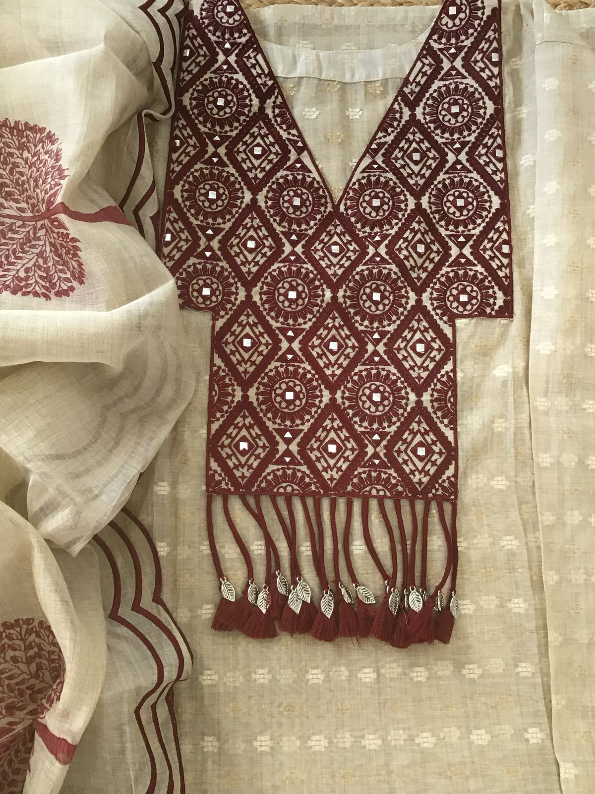 Pure Chanderi Self Weaved Embroidered Semi Stitched Suit - Beige