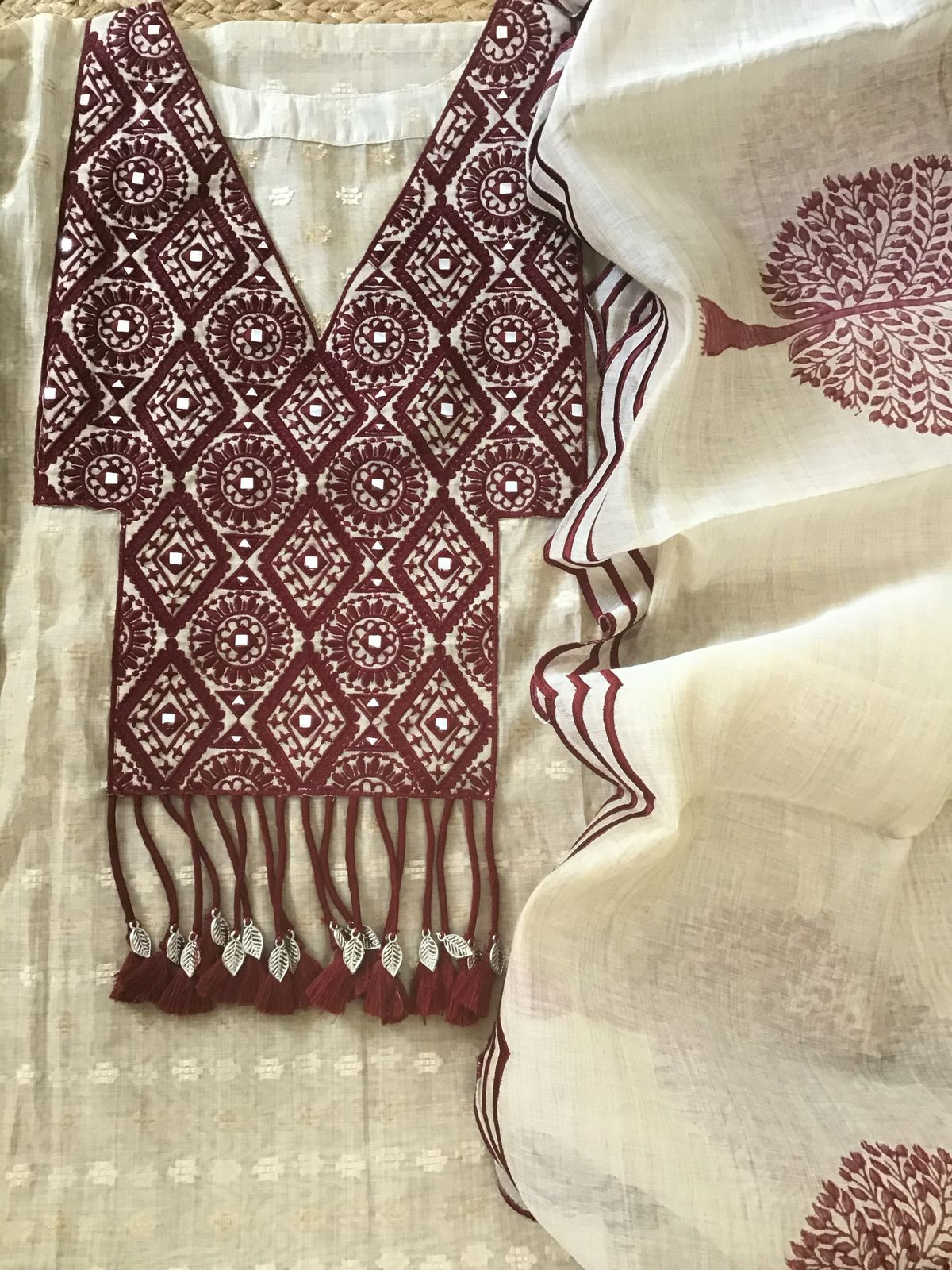 Pure Chanderi Self Weaved Embroidered Semi Stitched Suit - Beige