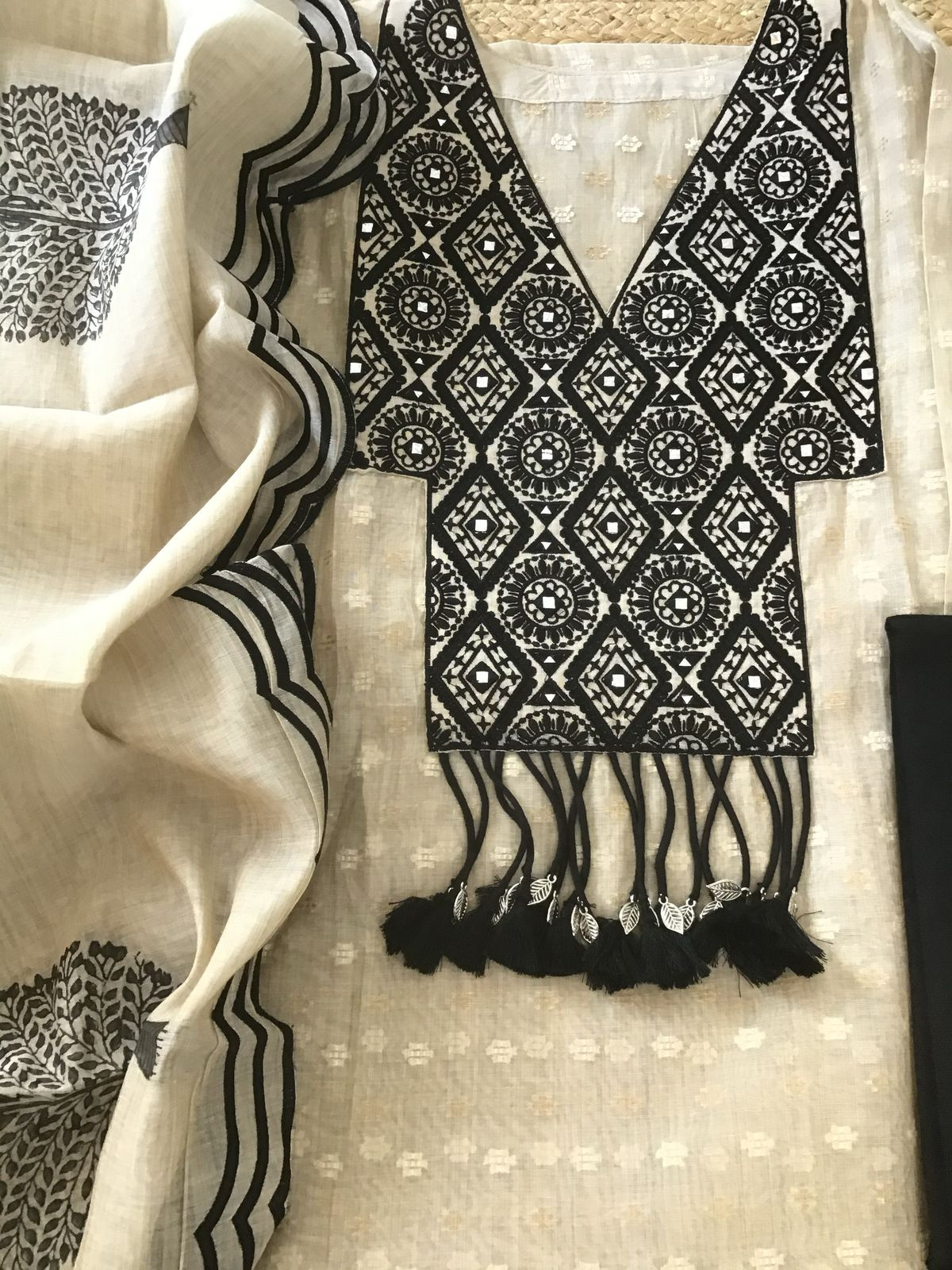 Pure Chanderi Self Weaved Embroidered Semi Stitched Suit - Beige