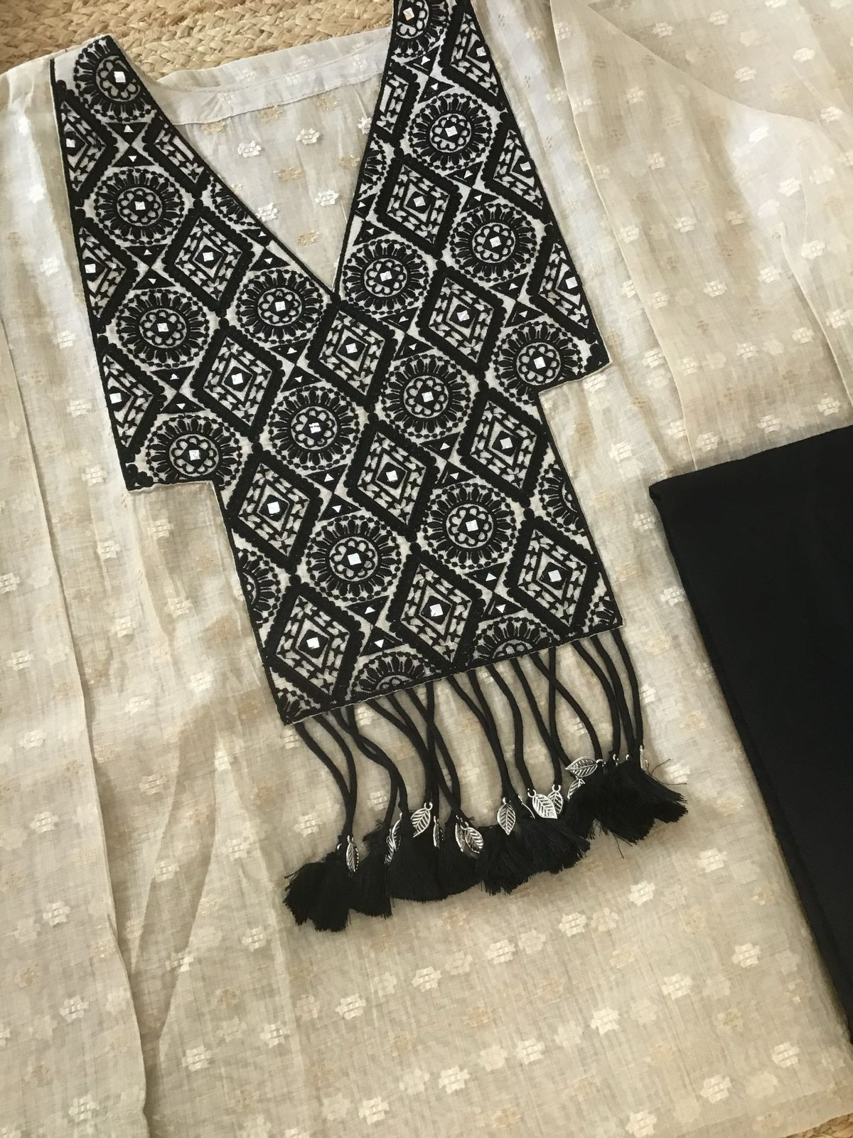 Pure Chanderi Self Weaved Embroidered Semi Stitched Suit - Beige