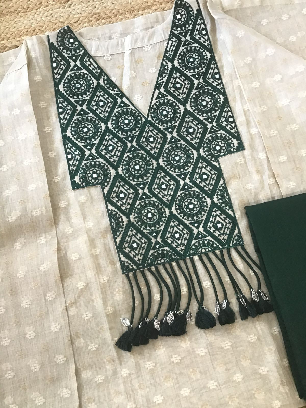 Pure Chanderi Self Weaved Embroidered Semi Stitched Suit - Beige