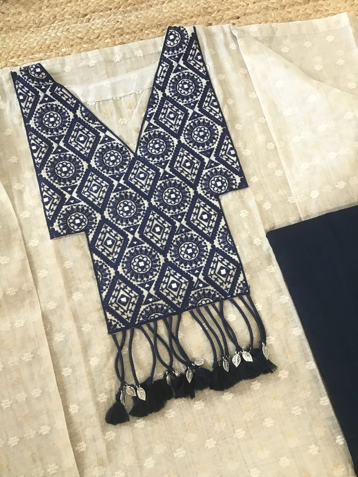 Pure Chanderi Self Weaved Embroidered Semi Stitched Suit - Beige