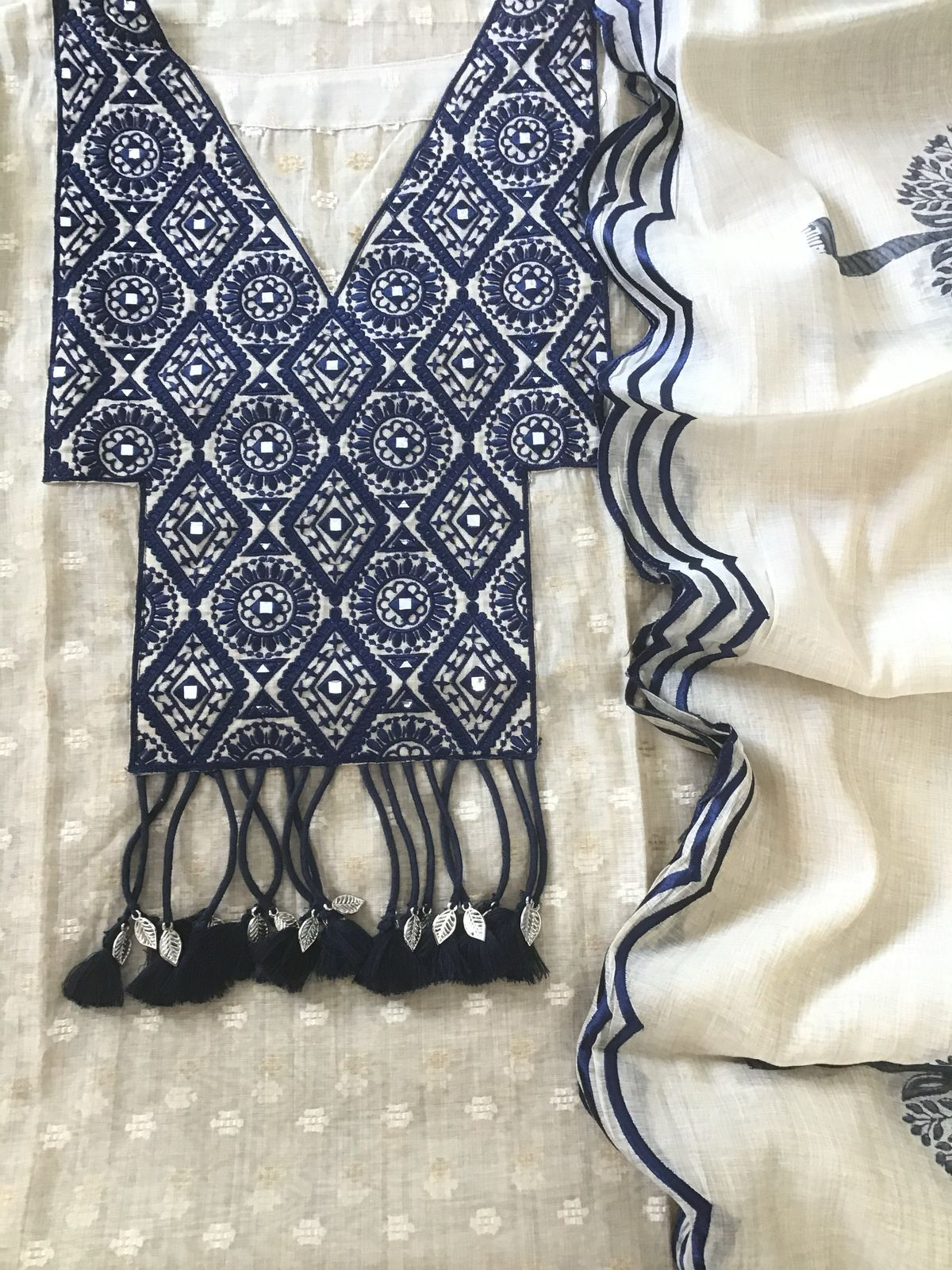 Pure Chanderi Self Weaved Embroidered Semi Stitched Suit - Beige