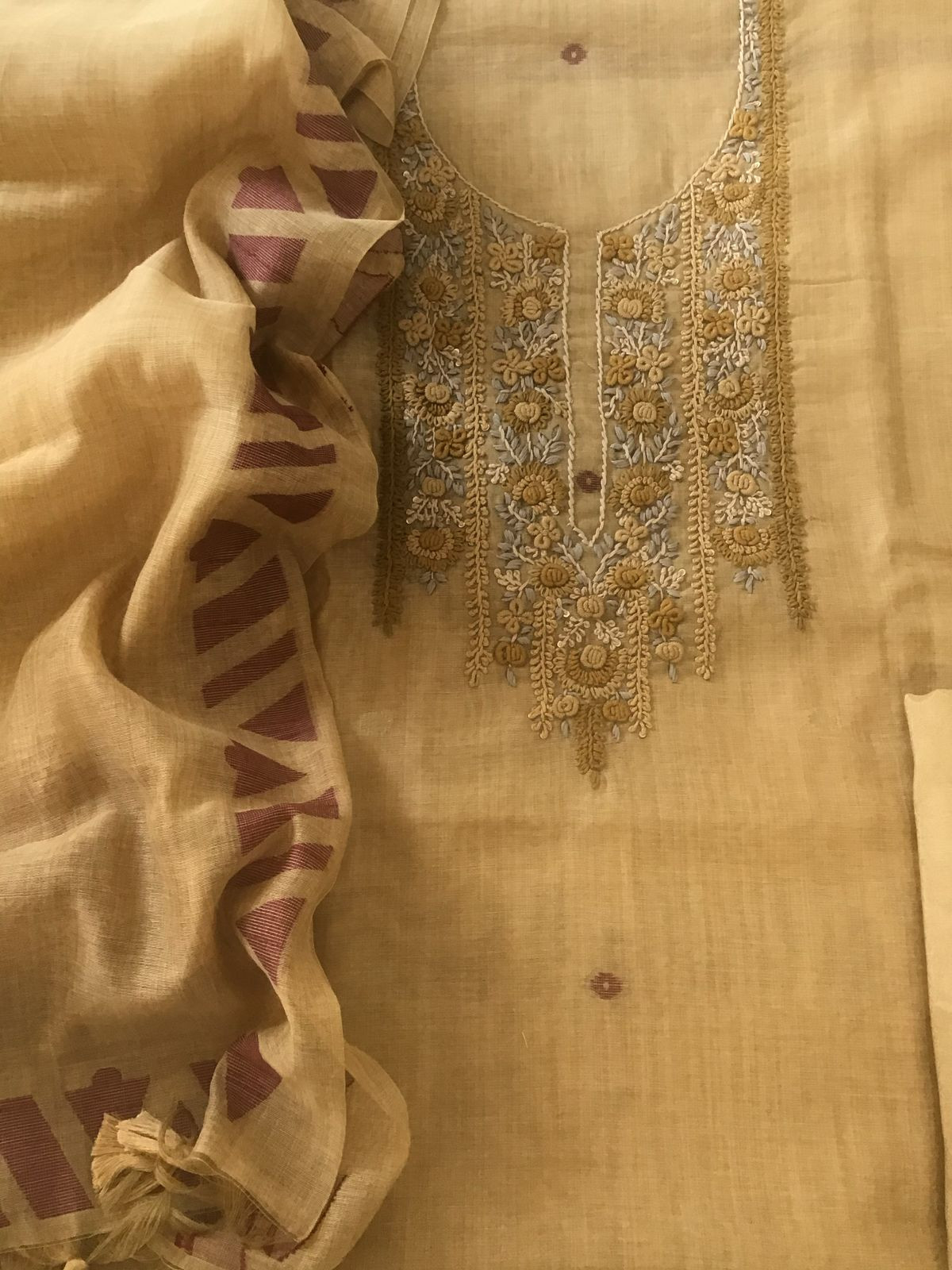 Soft Fine Slub Chanderi Jamdani Weaved Embroidered Suit - Mustard Yellow