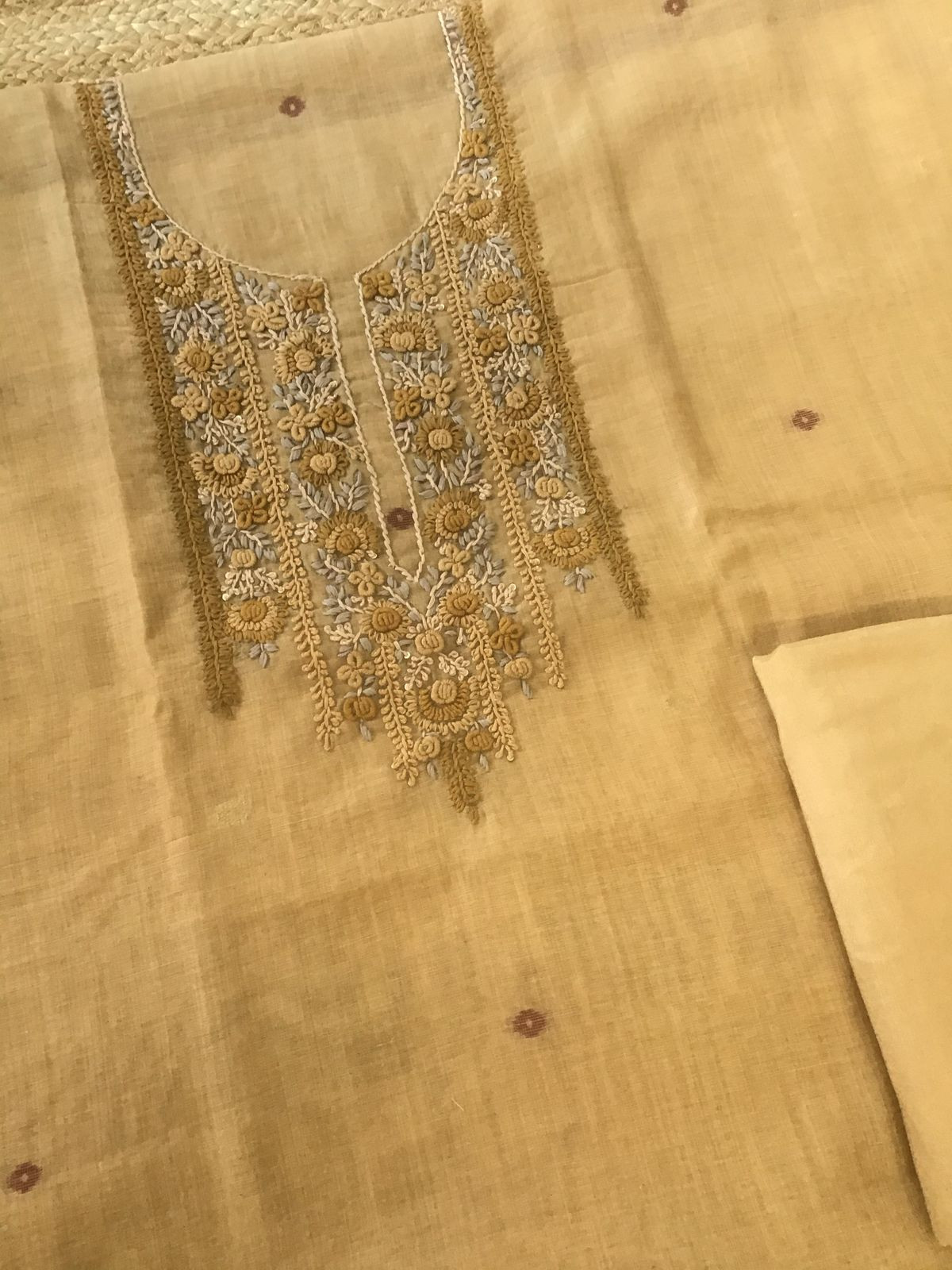 Soft Fine Slub Chanderi Jamdani Weaved Embroidered Suit - Mustard Yellow