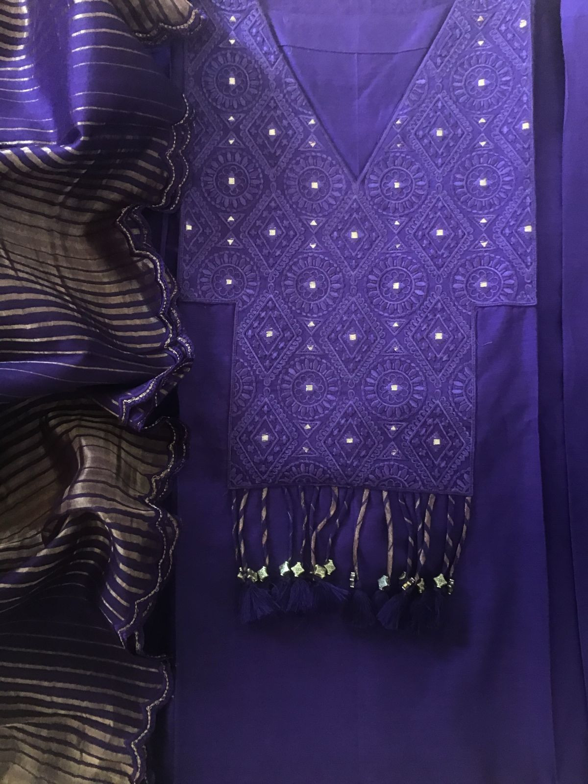 Pure Mul Chanderi Embroidered Semi Stitched Suit - Purple