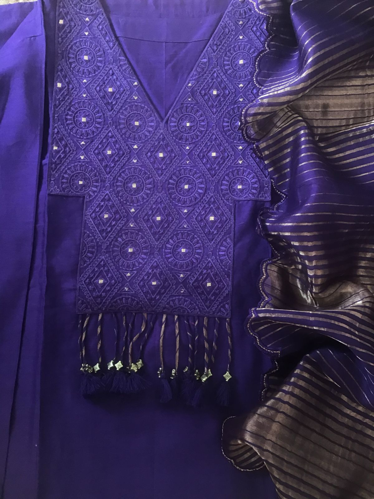 Pure Mul Chanderi Embroidered Semi Stitched Suit - Purple