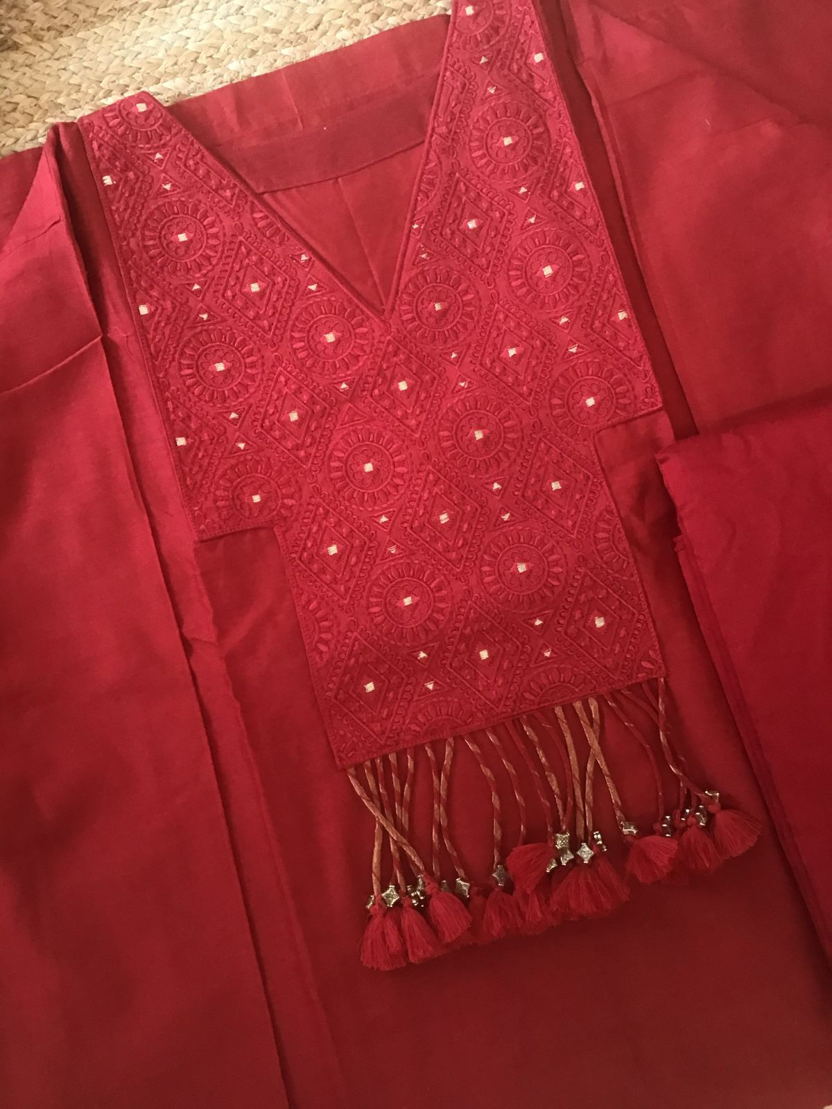 Pure Mul Chanderi Embroidered Semi Stitched Suit - Red