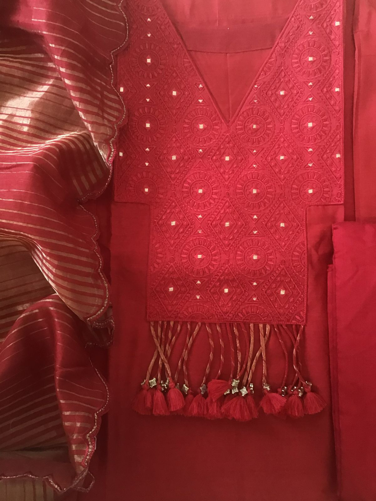 Pure Mul Chanderi Embroidered Semi Stitched Suit - Red