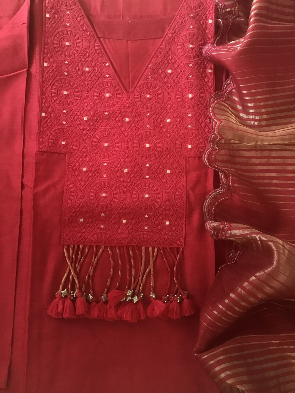 Pure Mul Chanderi Embroidered Semi Stitched Suit - Red