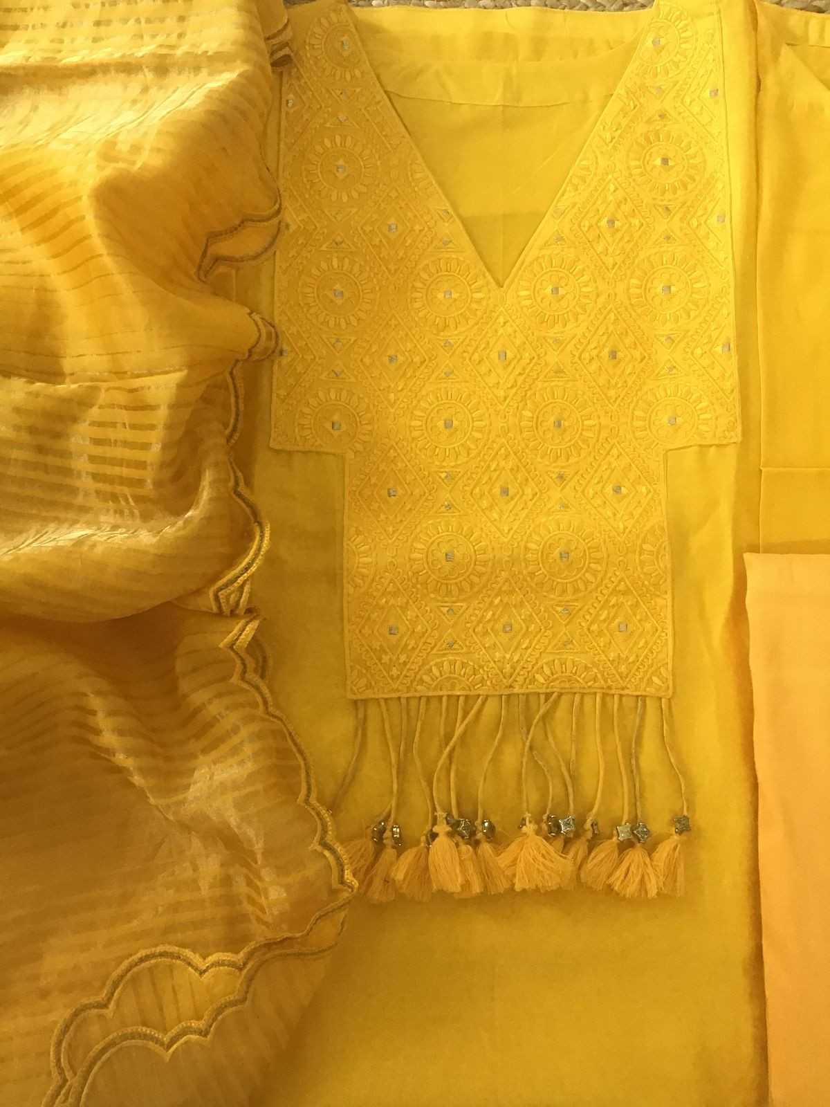 Pure Mul Chanderi Embroidered Semi Stitched Suit - Yellow