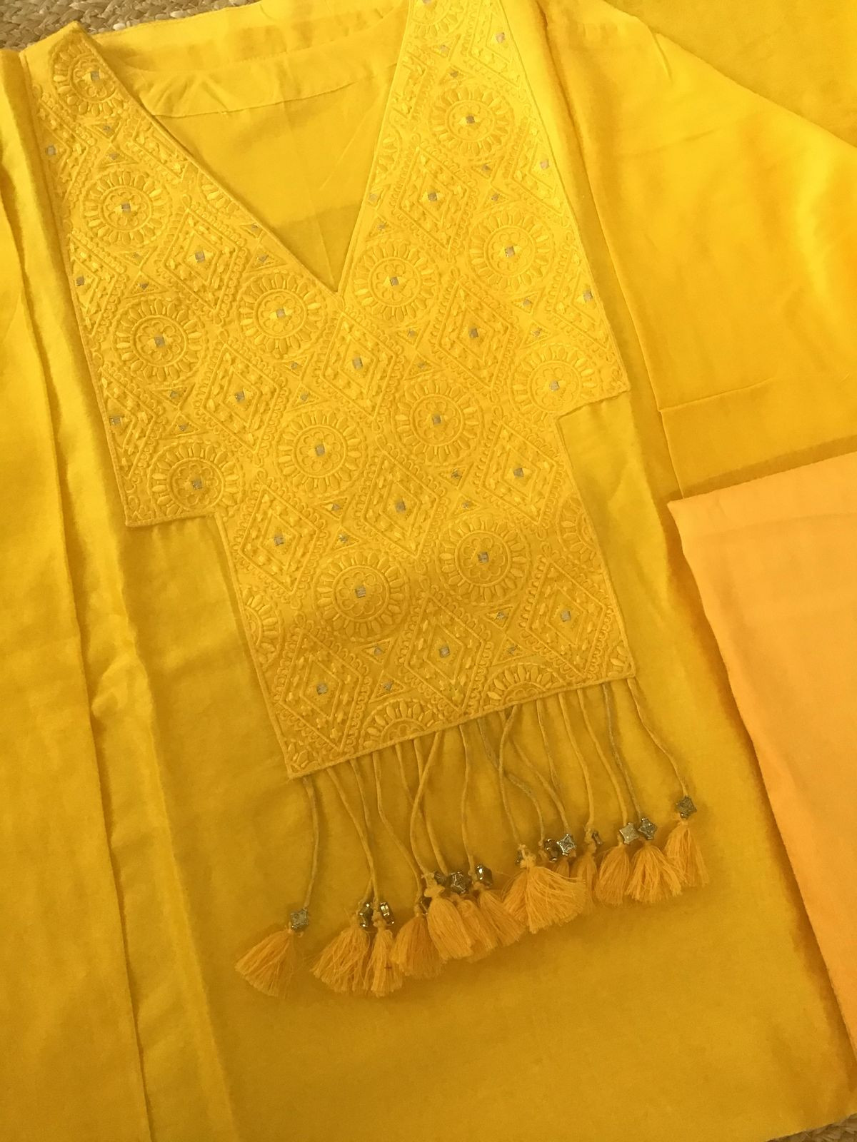 Pure Mul Chanderi Embroidered Semi Stitched Suit - Yellow
