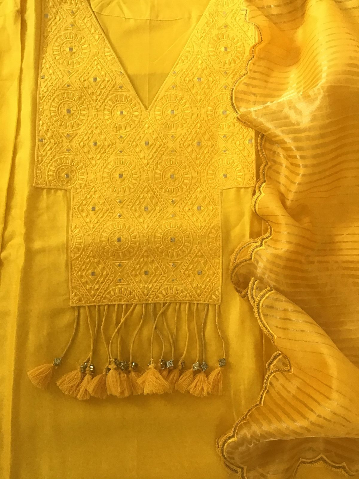 Pure Mul Chanderi Embroidered Semi Stitched Suit - Yellow