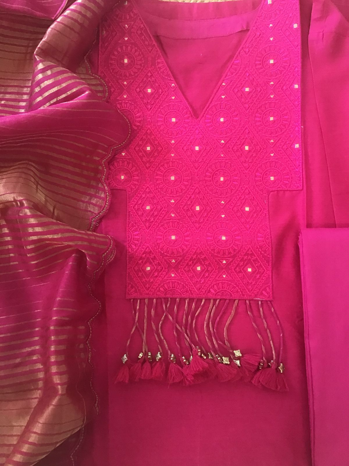 Pure Mul Chanderi Embroidered Semi Stitched Suit - Pink