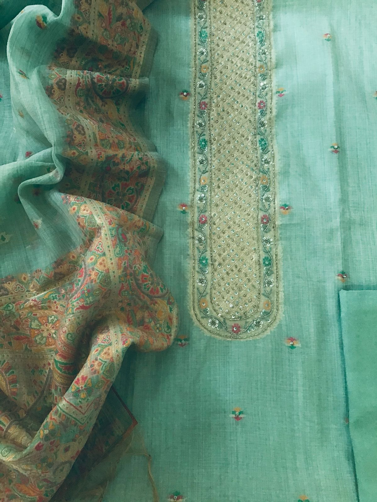 Soft Fine Slub Chanderi Jamdani Weaved Embroidered Suit - Sea Green