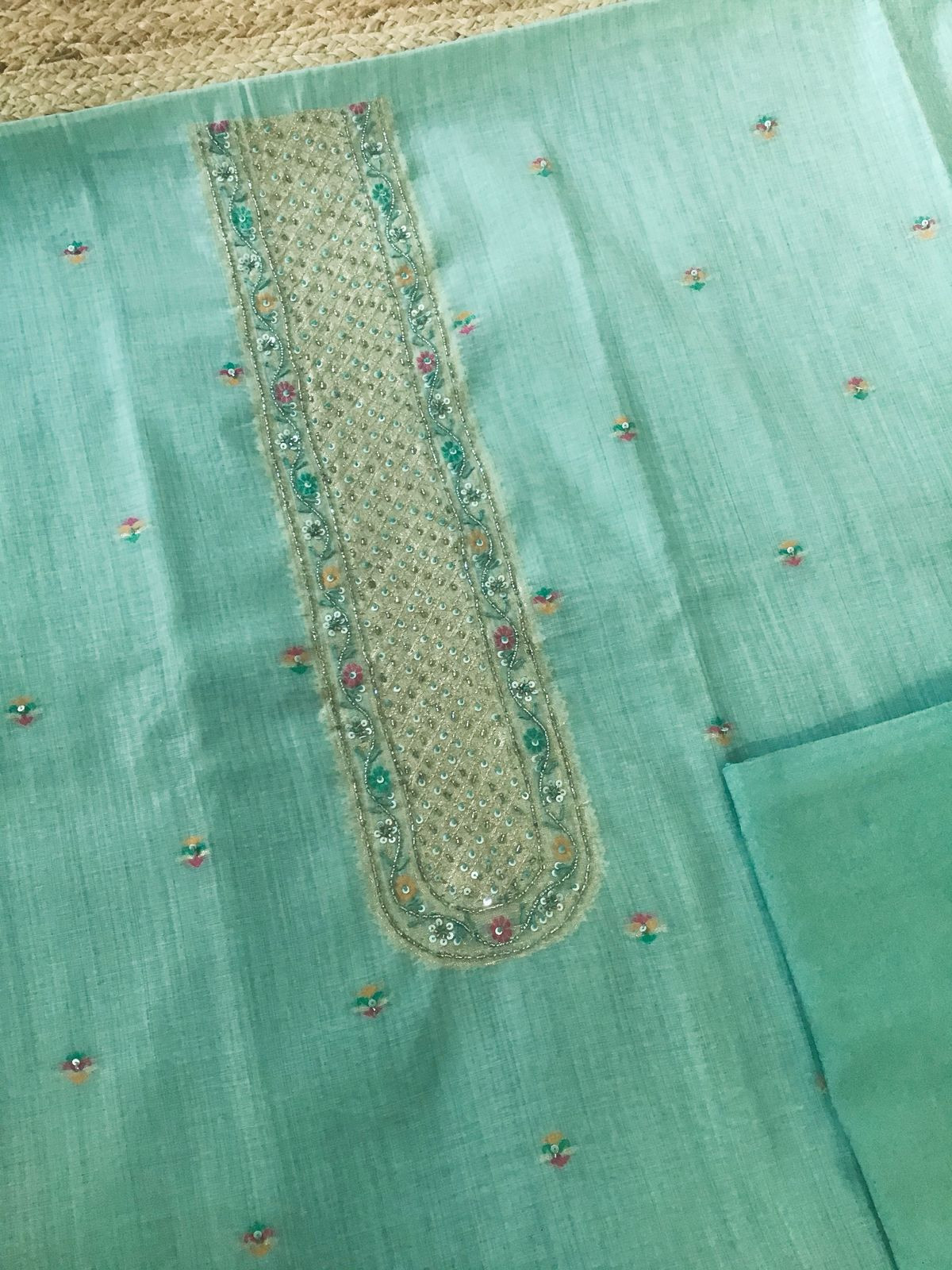 Soft Fine Slub Chanderi Jamdani Weaved Embroidered Suit - Sea Green