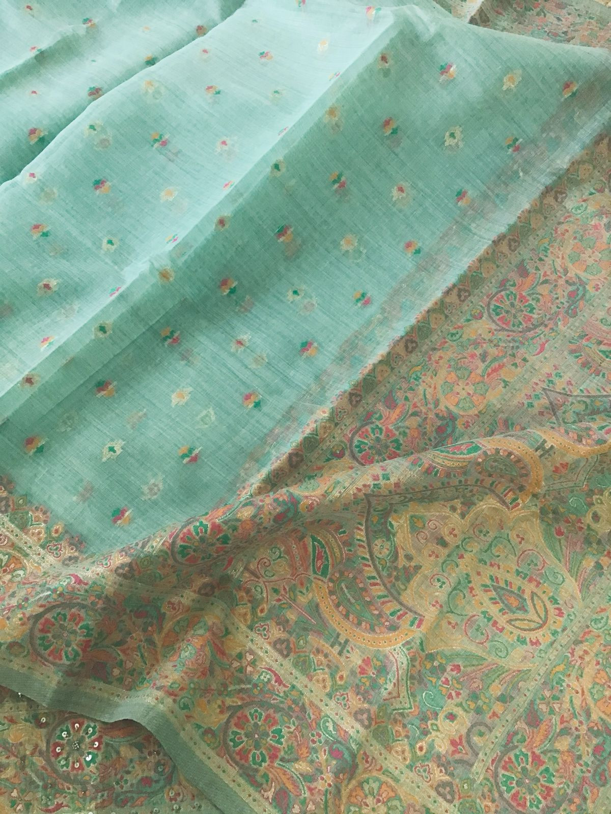 Soft Fine Slub Chanderi Jamdani Weaved Embroidered Suit - Sea Green