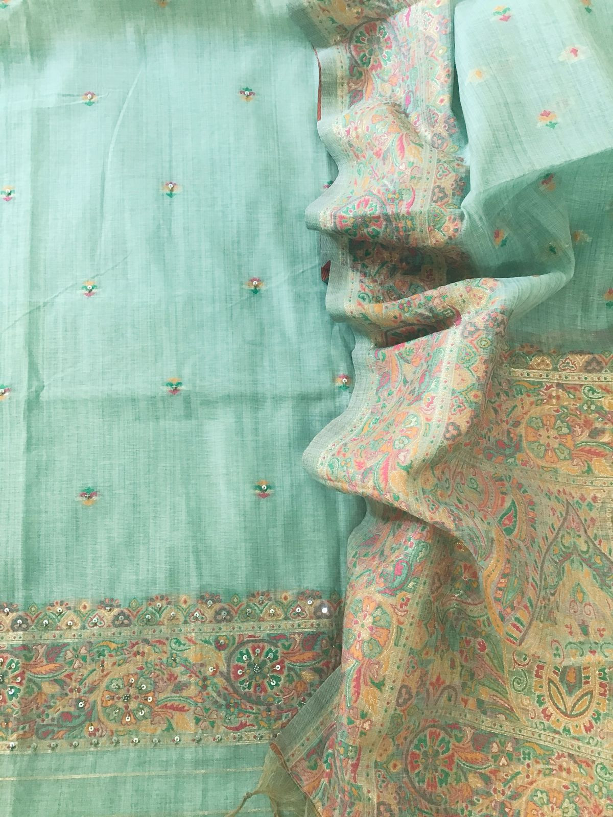 Soft Fine Slub Chanderi Jamdani Weaved Embroidered Suit - Sea Green