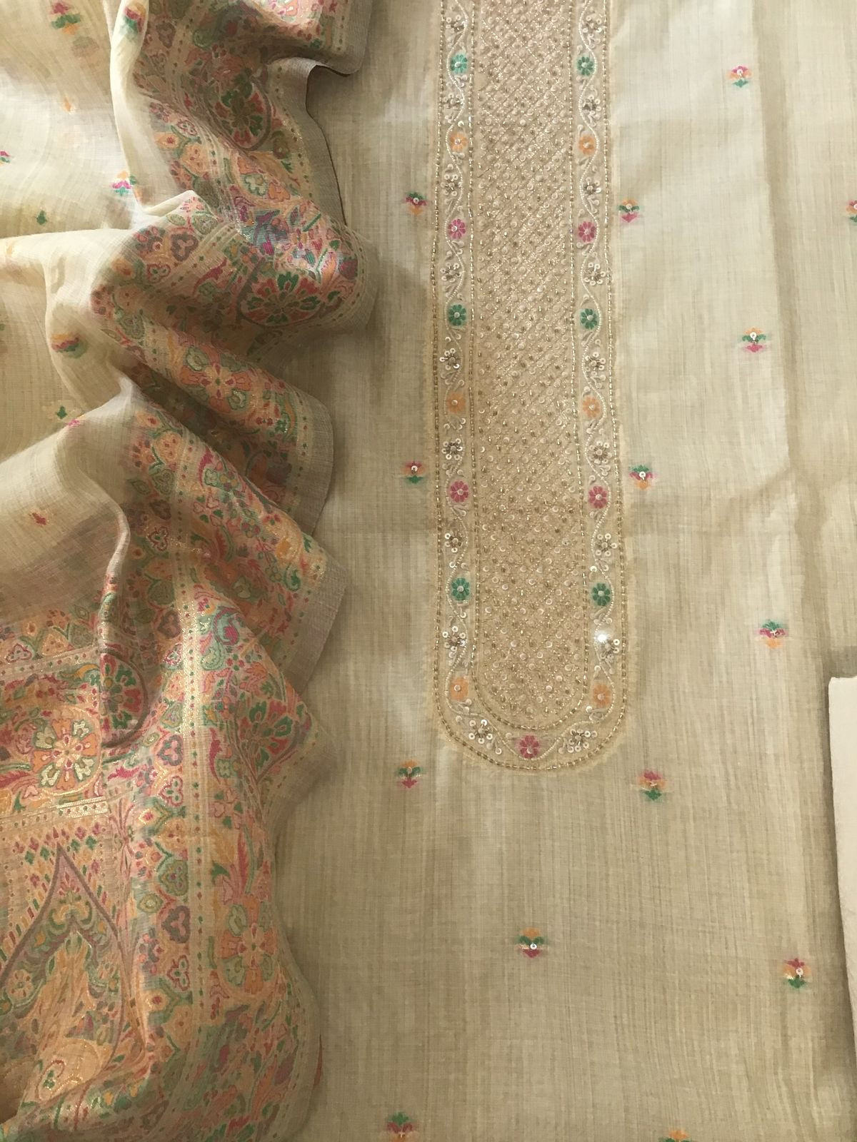 Soft Fine Slub Chanderi Jamdani Weaved Embroidered Suit - Beige