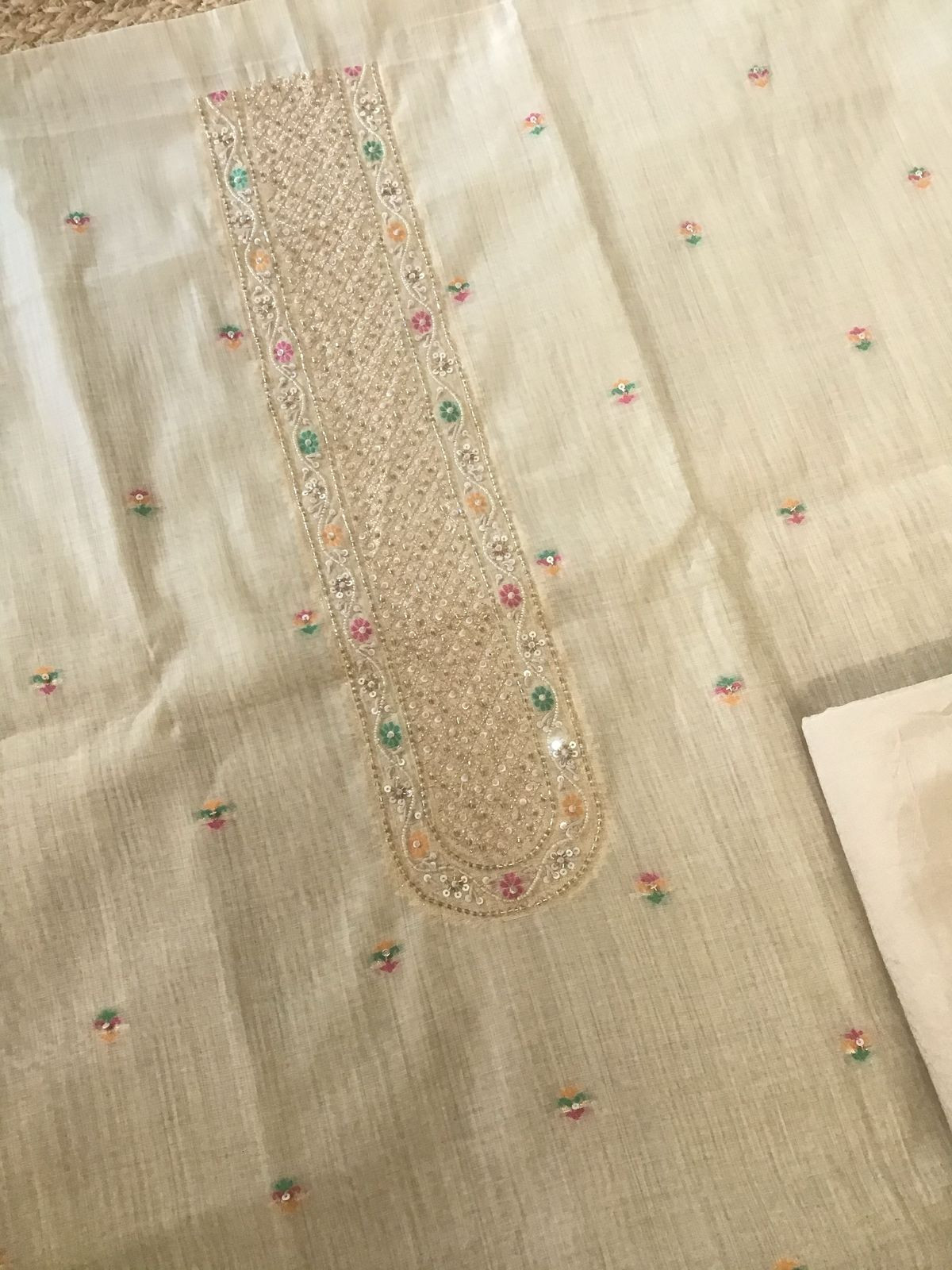 Soft Fine Slub Chanderi Jamdani Weaved Embroidered Suit - Beige
