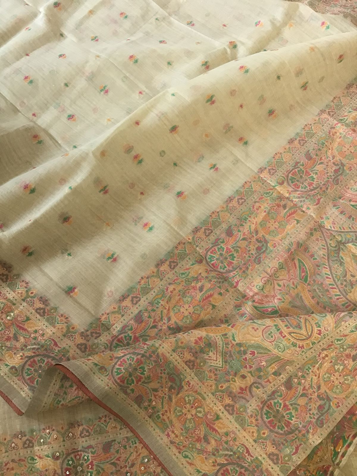 Soft Fine Slub Chanderi Jamdani Weaved Embroidered Suit - Beige