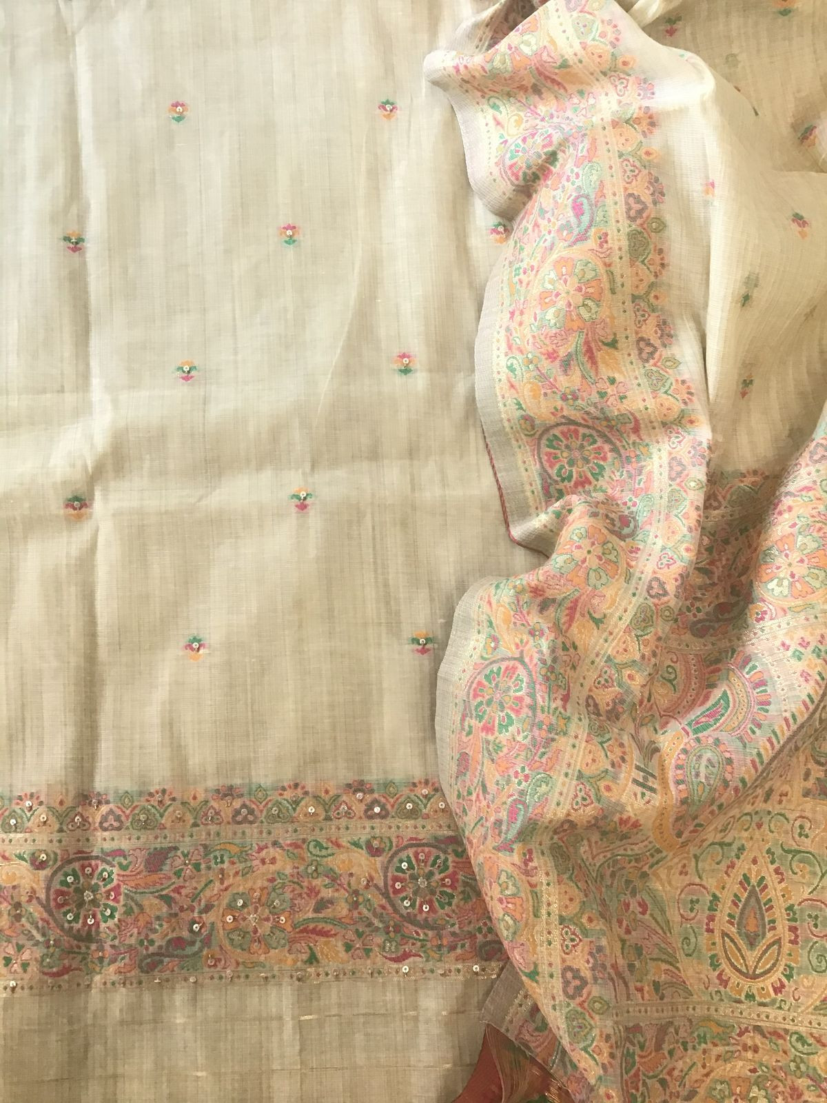 Soft Fine Slub Chanderi Jamdani Weaved Embroidered Suit - Beige