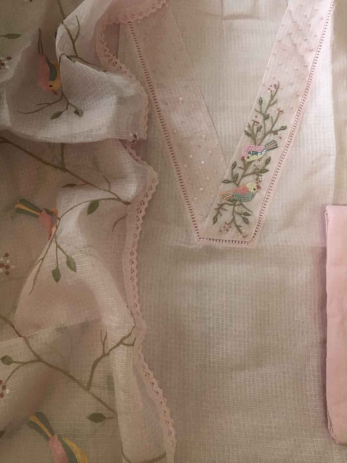 Soft Kota Silk Embroidered Suit - Pink