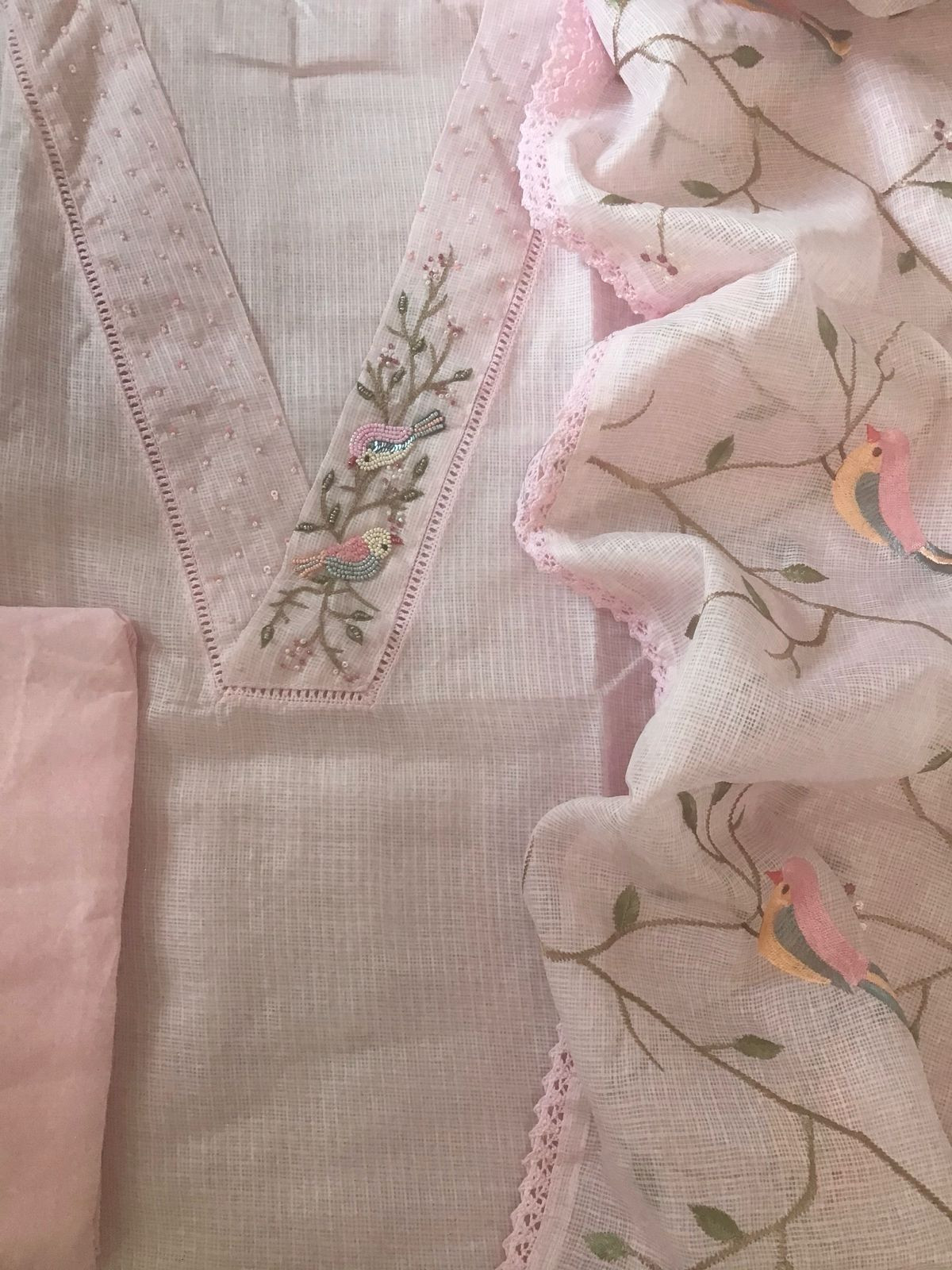 Soft Kota Silk Embroidered Suit - Pink