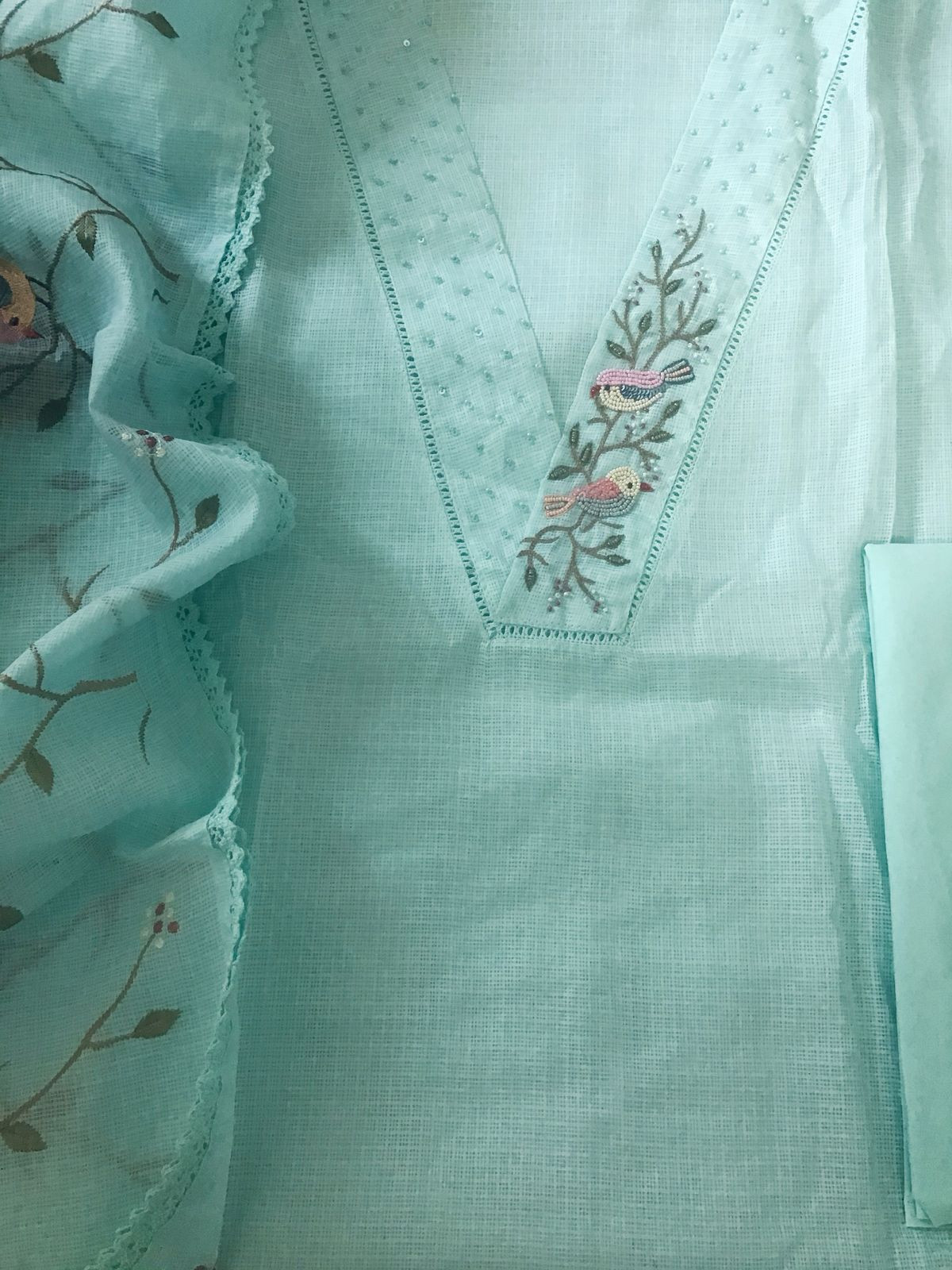 Soft Kota Silk Embroidered Suit - Blue
