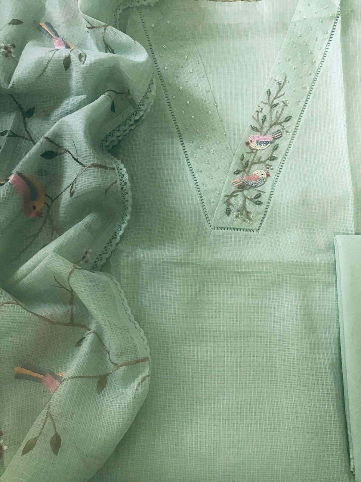 Soft Kota Silk Embroidered Suit - Green