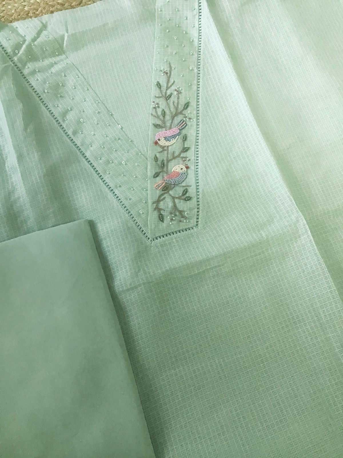 Soft Kota Silk Embroidered Suit - Green