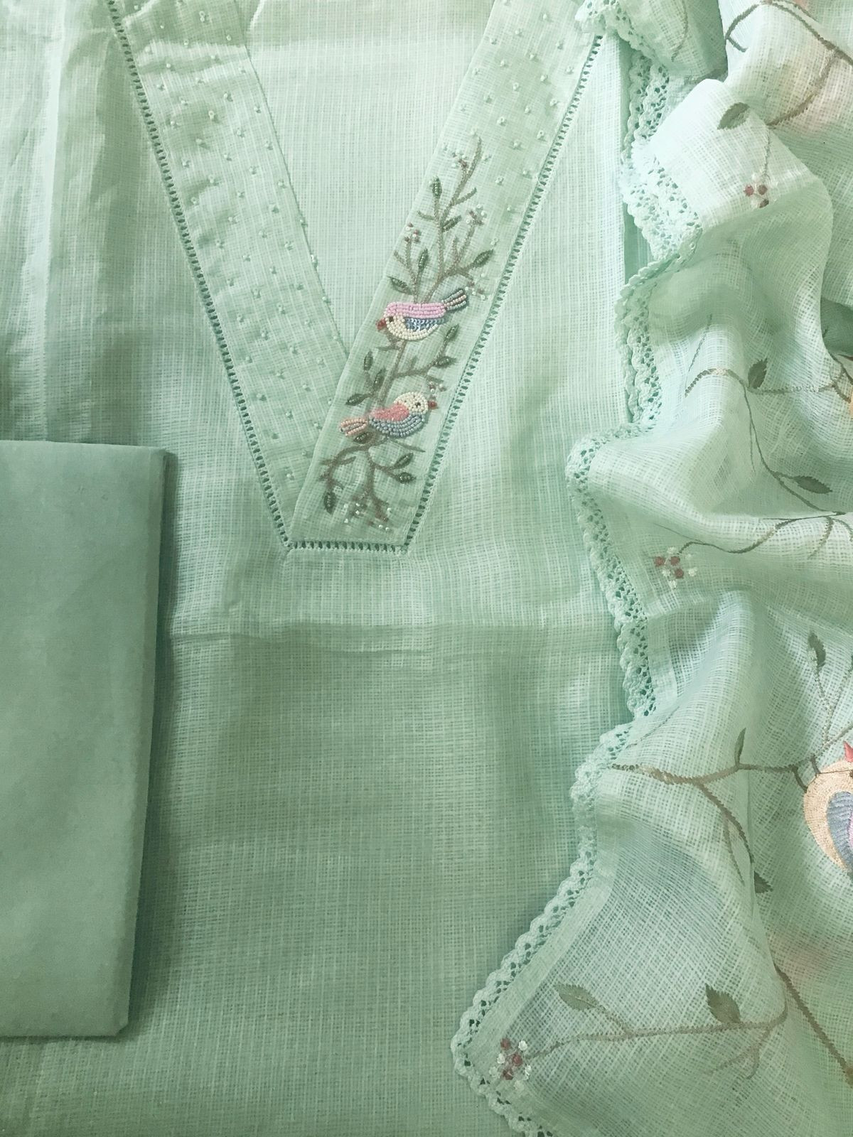 Soft Kota Silk Embroidered Suit - Green