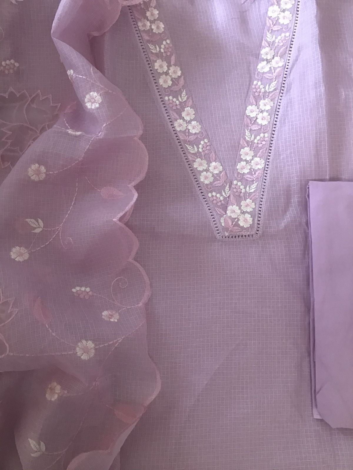 Soft Kota Silk Embroidered Suit - Lavender