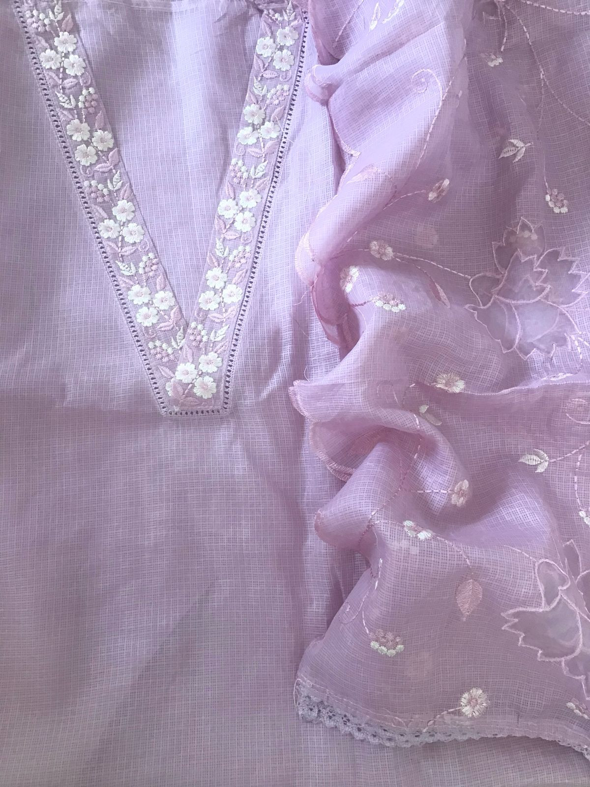 Soft Kota Silk Embroidered Suit - Lavender