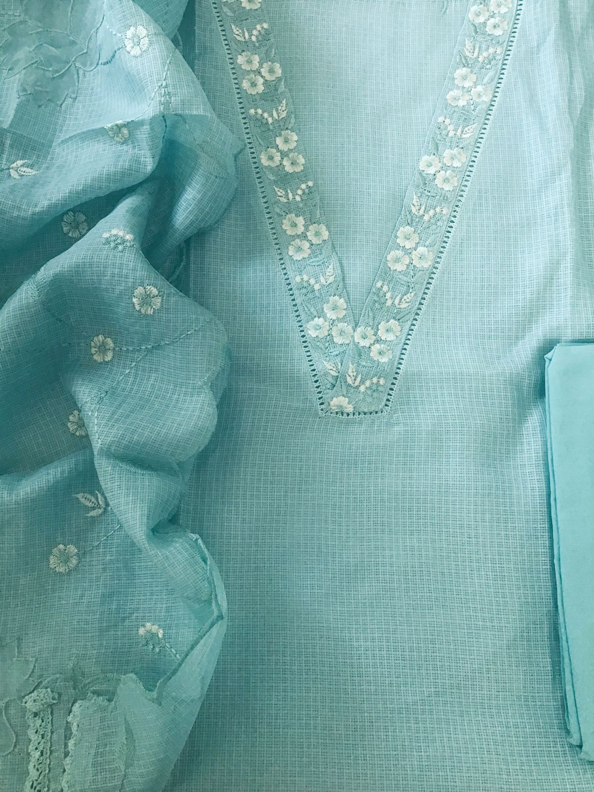 Soft Kota Silk Embroidered Suit - Blue