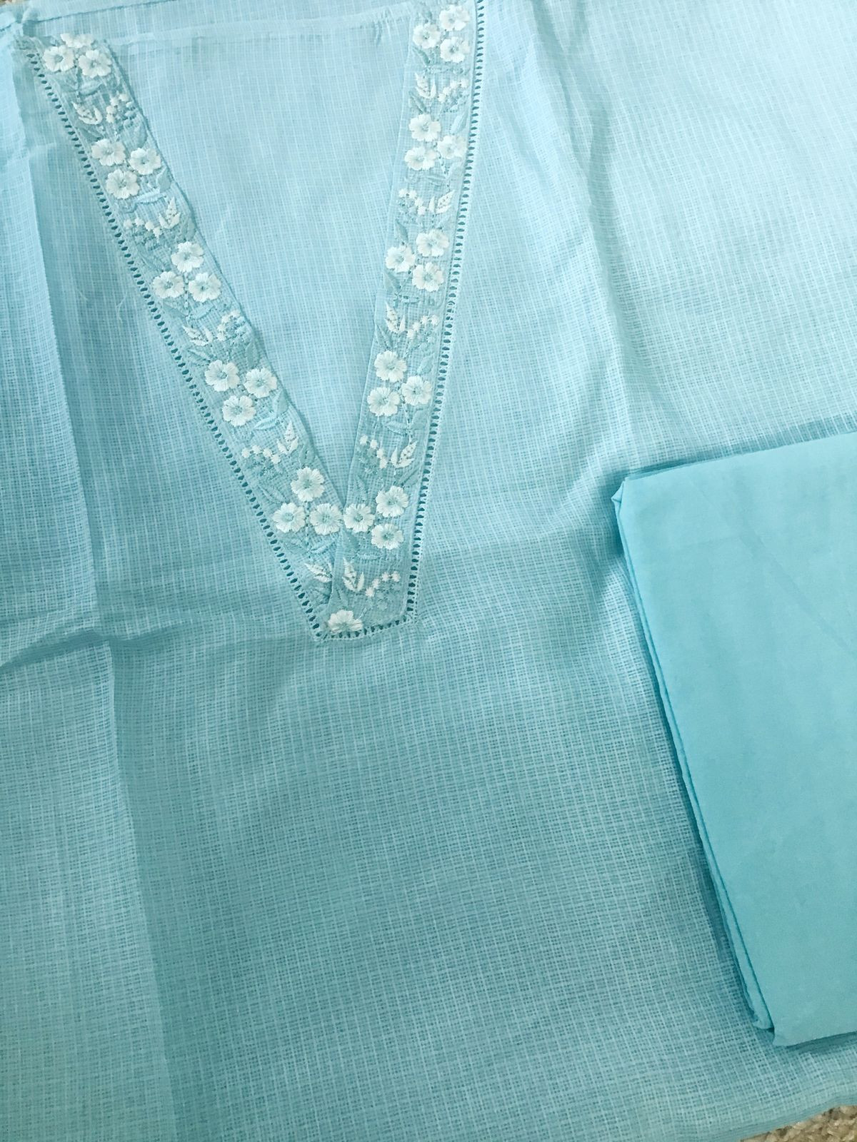 Soft Kota Silk Embroidered Suit - Blue