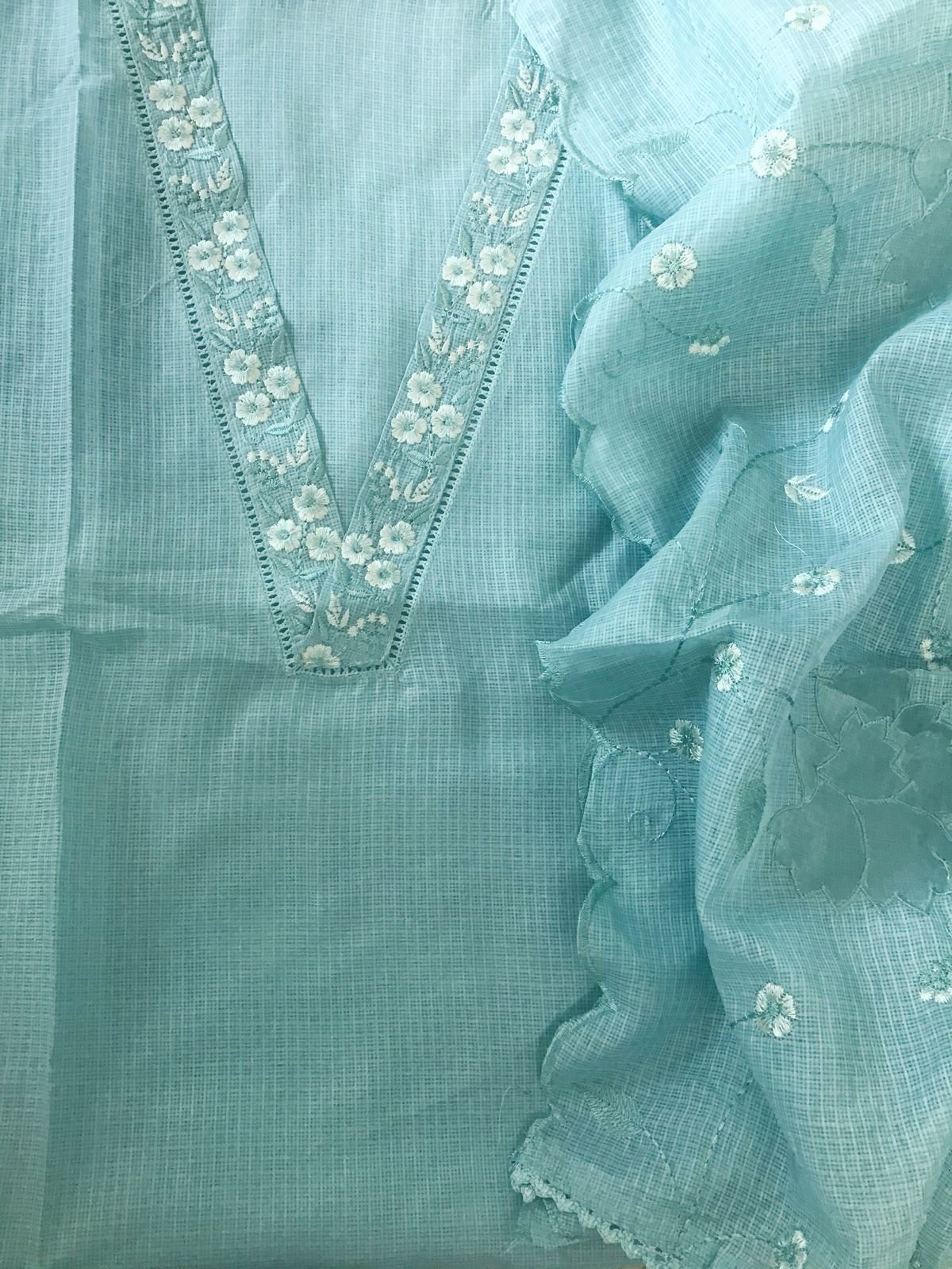 Soft Kota Silk Embroidered Suit - Blue