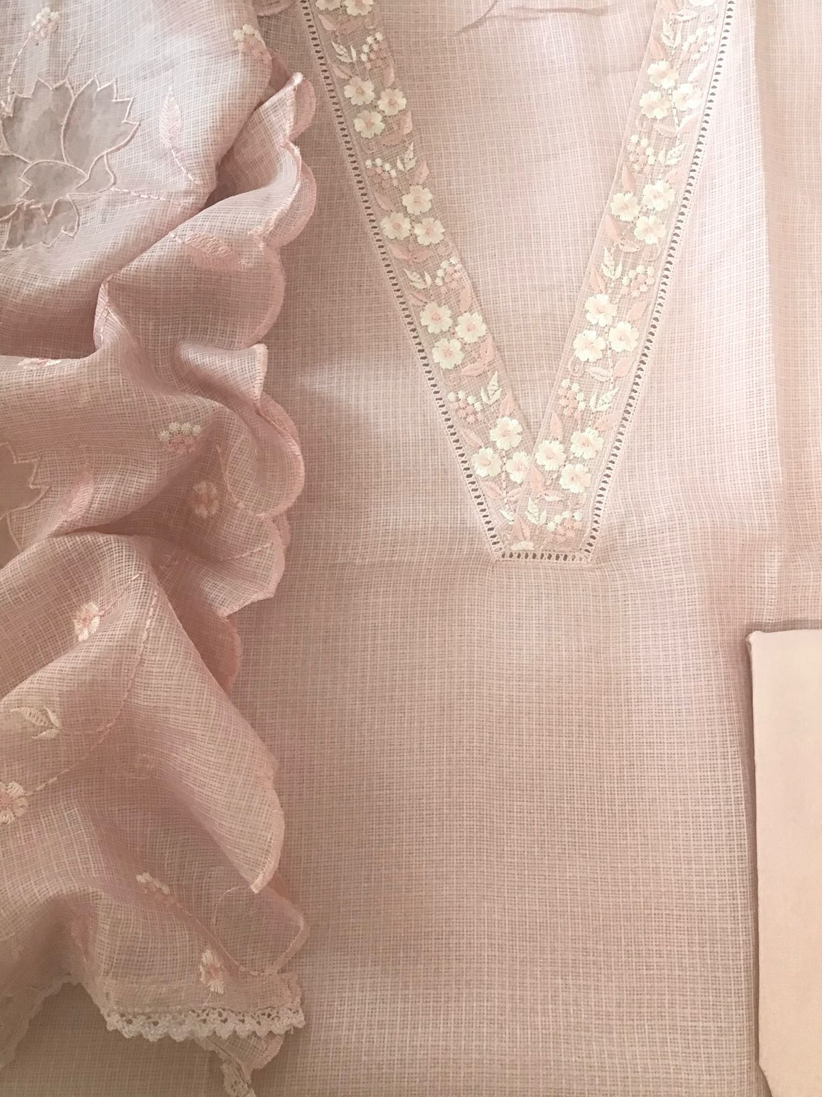 Soft Kota Silk Embroidered Suit - Peach