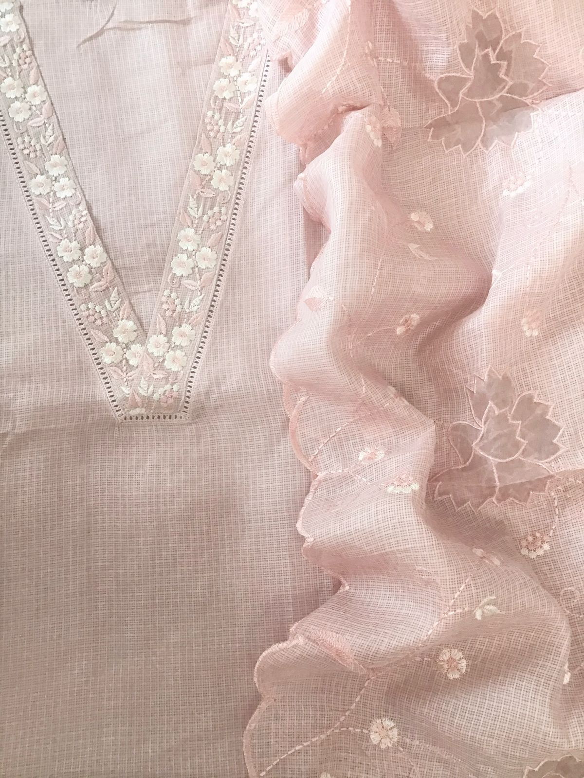 Soft Kota Silk Embroidered Suit - Peach