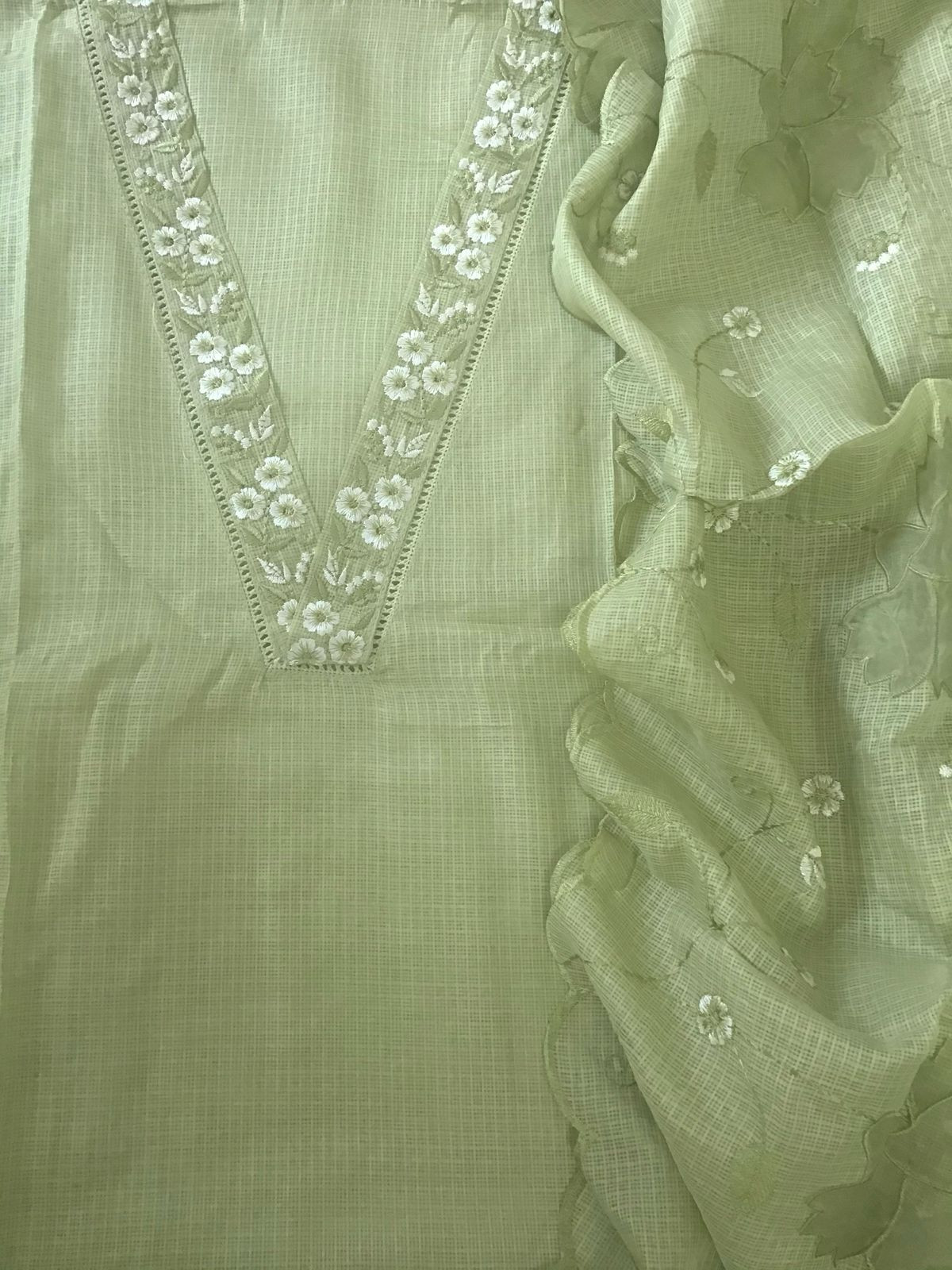 Soft Kota Silk Embroidered Suit - Green