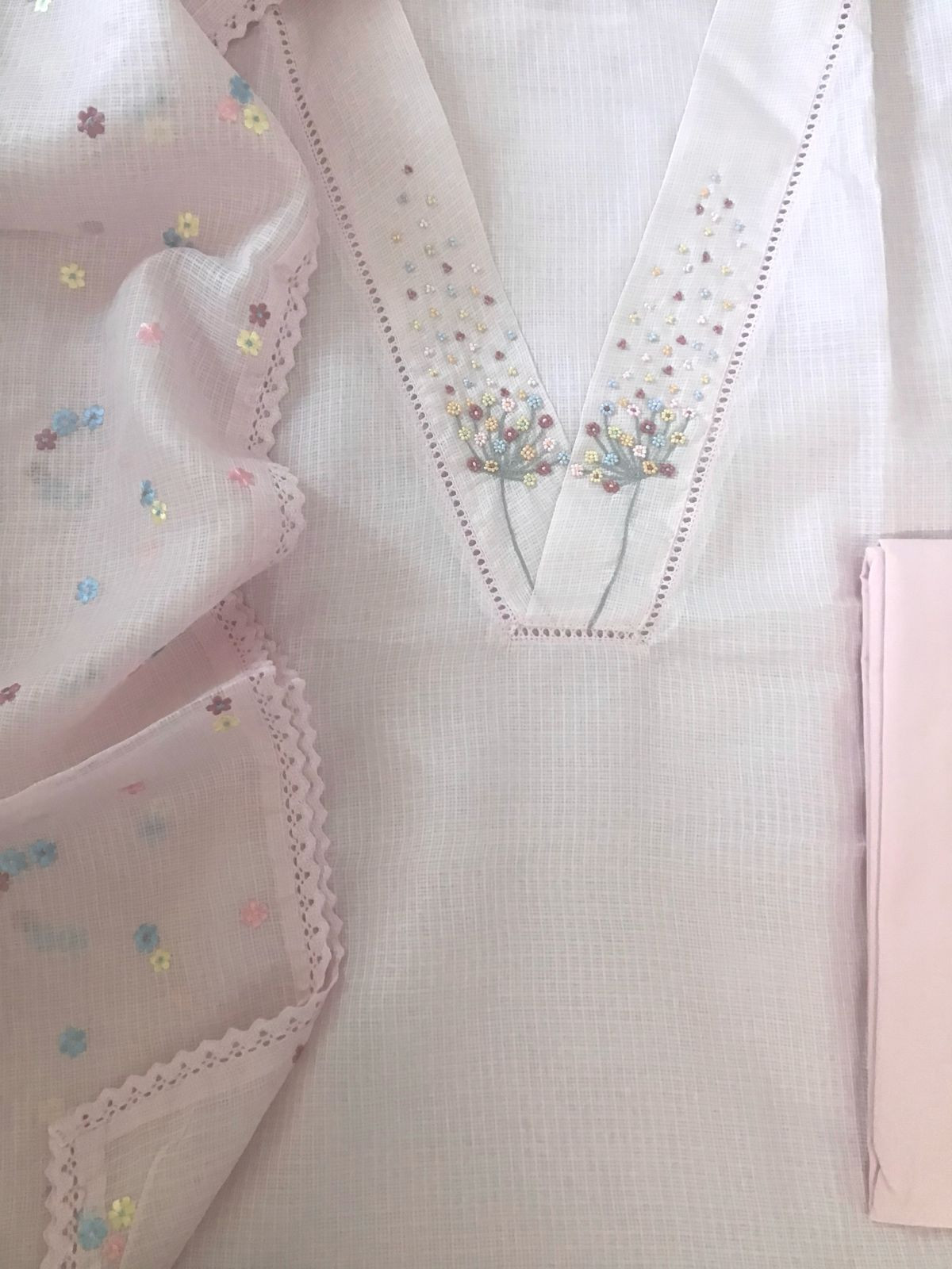 Soft Kota Silk Embroidered Suit - Pink