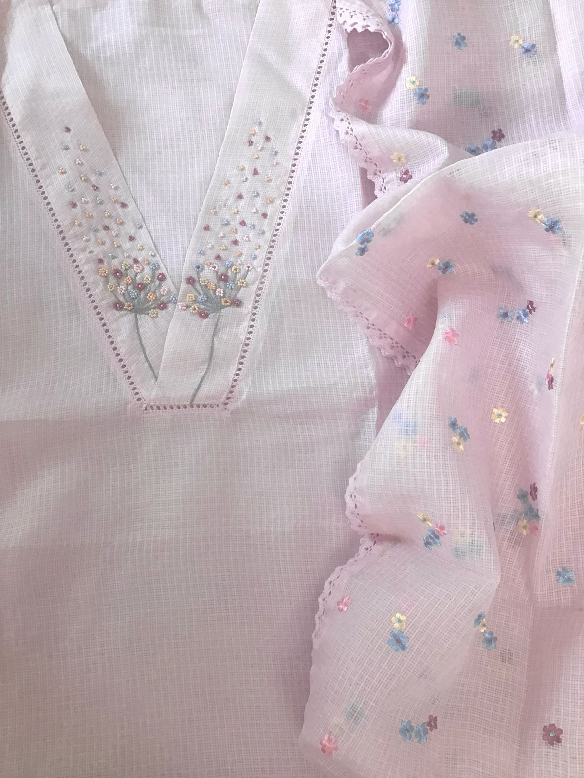 Soft Kota Silk Embroidered Suit - Pink