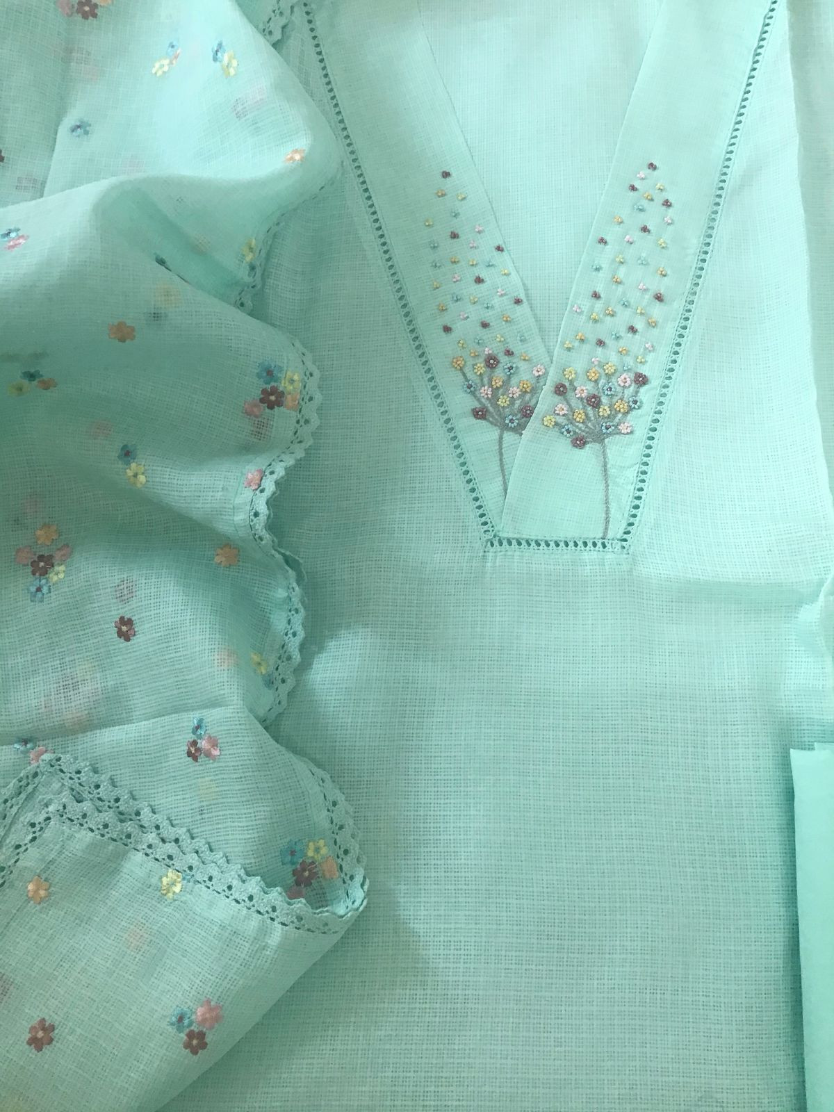 Soft Kota Silk Embroidered Suit - Blue