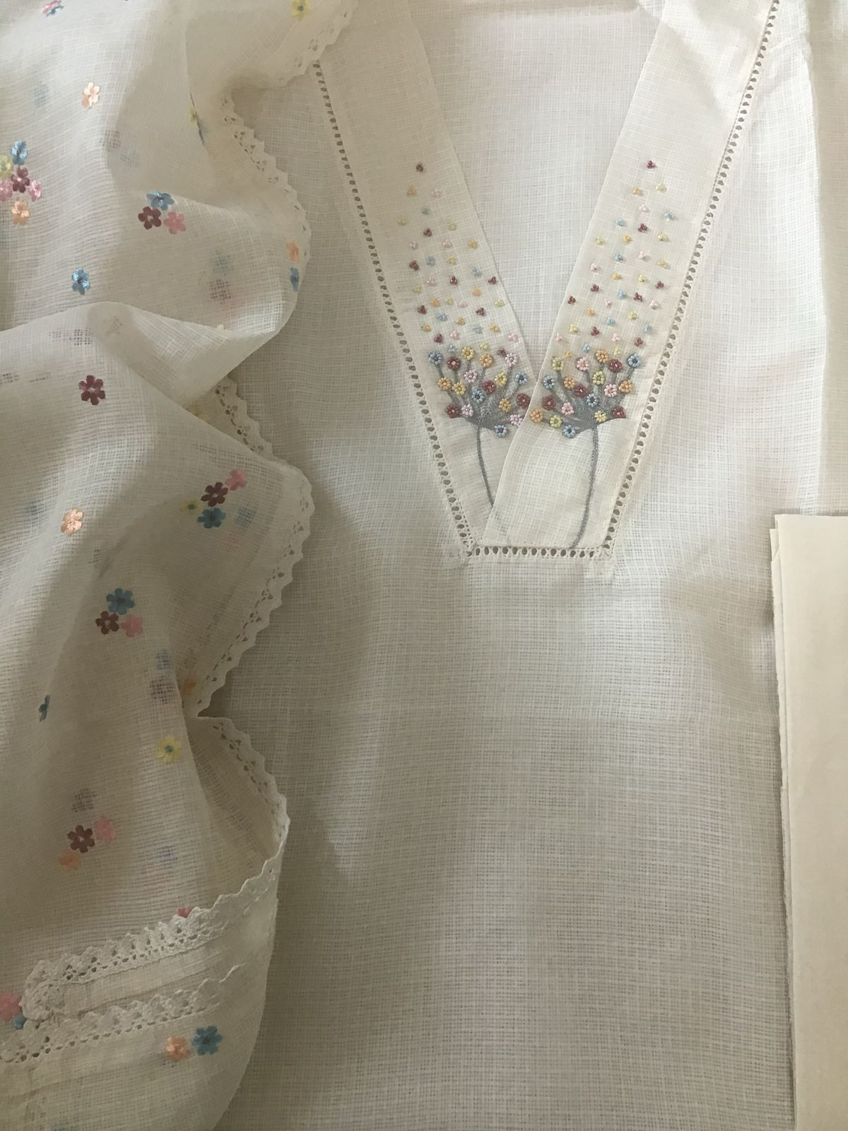 Soft Kota Silk Embroidered Suit - Cream