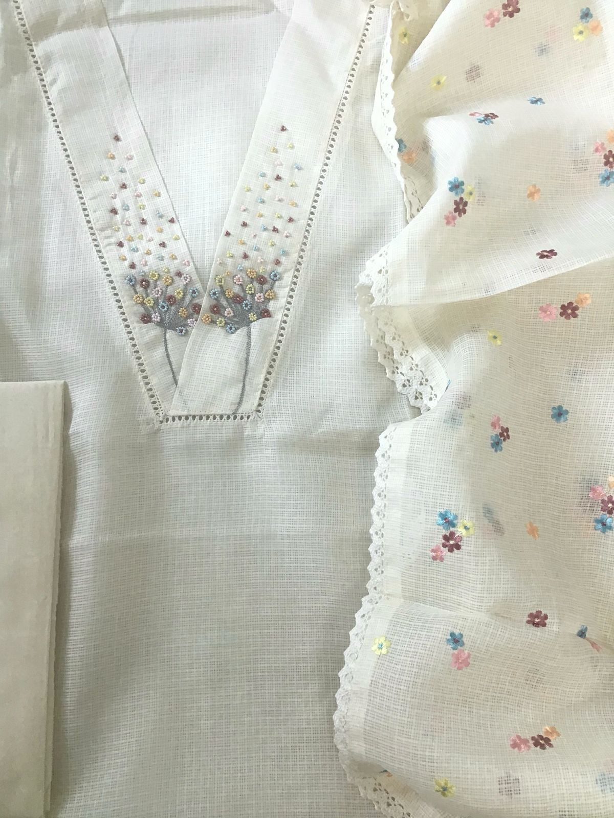 Soft Kota Silk Embroidered Suit - Cream