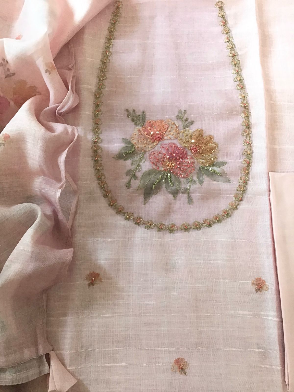 Soft Linen Jute Cotton Printed Embroidered Suit - Pink