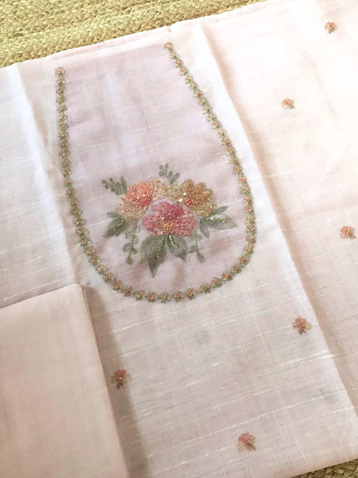 Soft Linen Jute Cotton Printed Embroidered Suit - Pink